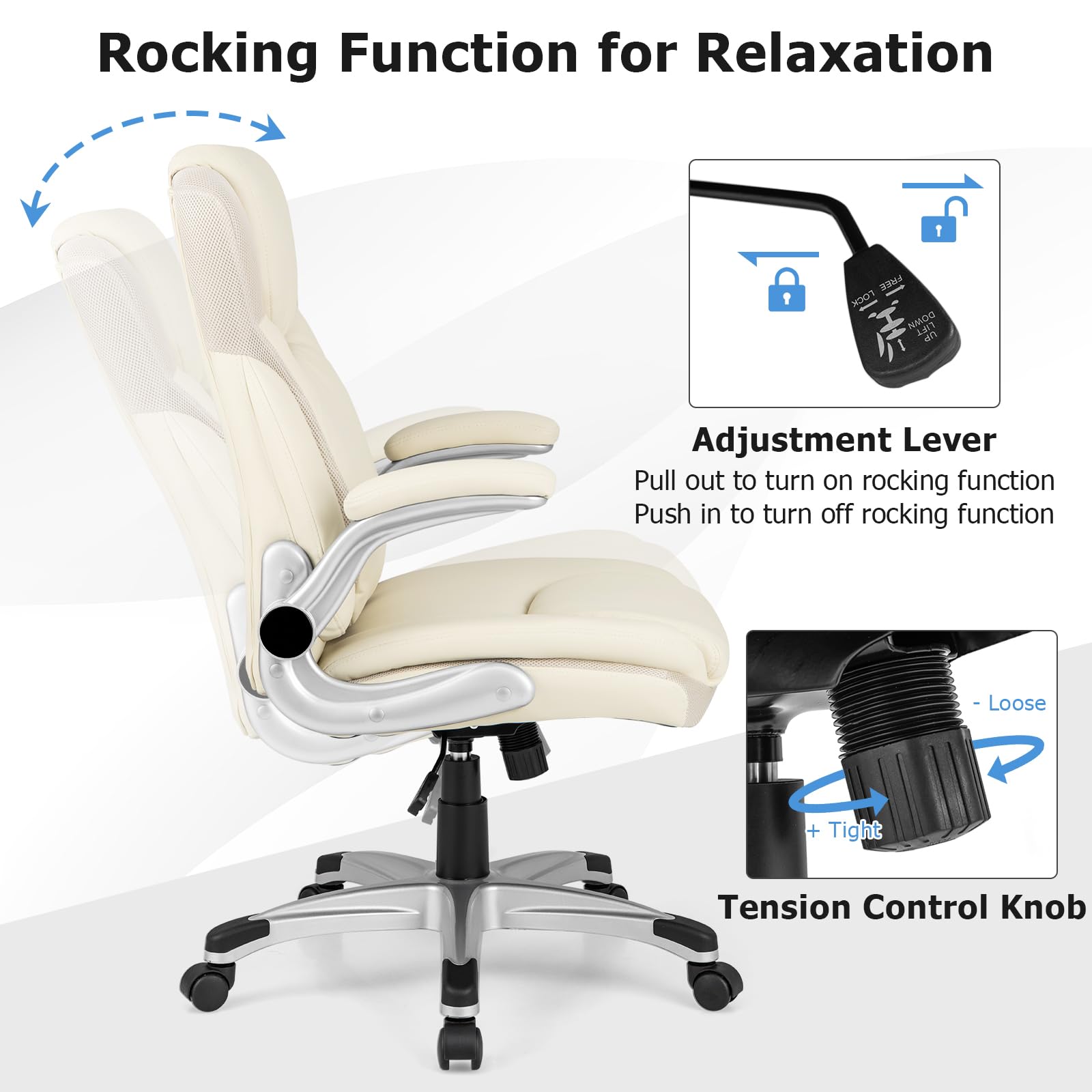 Executive Office Chair, PU Leather Ergonomic Desk Chair with Flip-up Armrests and Height Adjustable