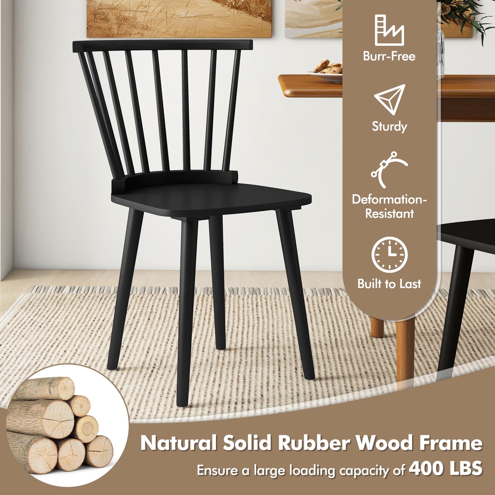 Wood Dining Chairs Set of 2/4, Windsor Dining Chairs with High Spindle Back