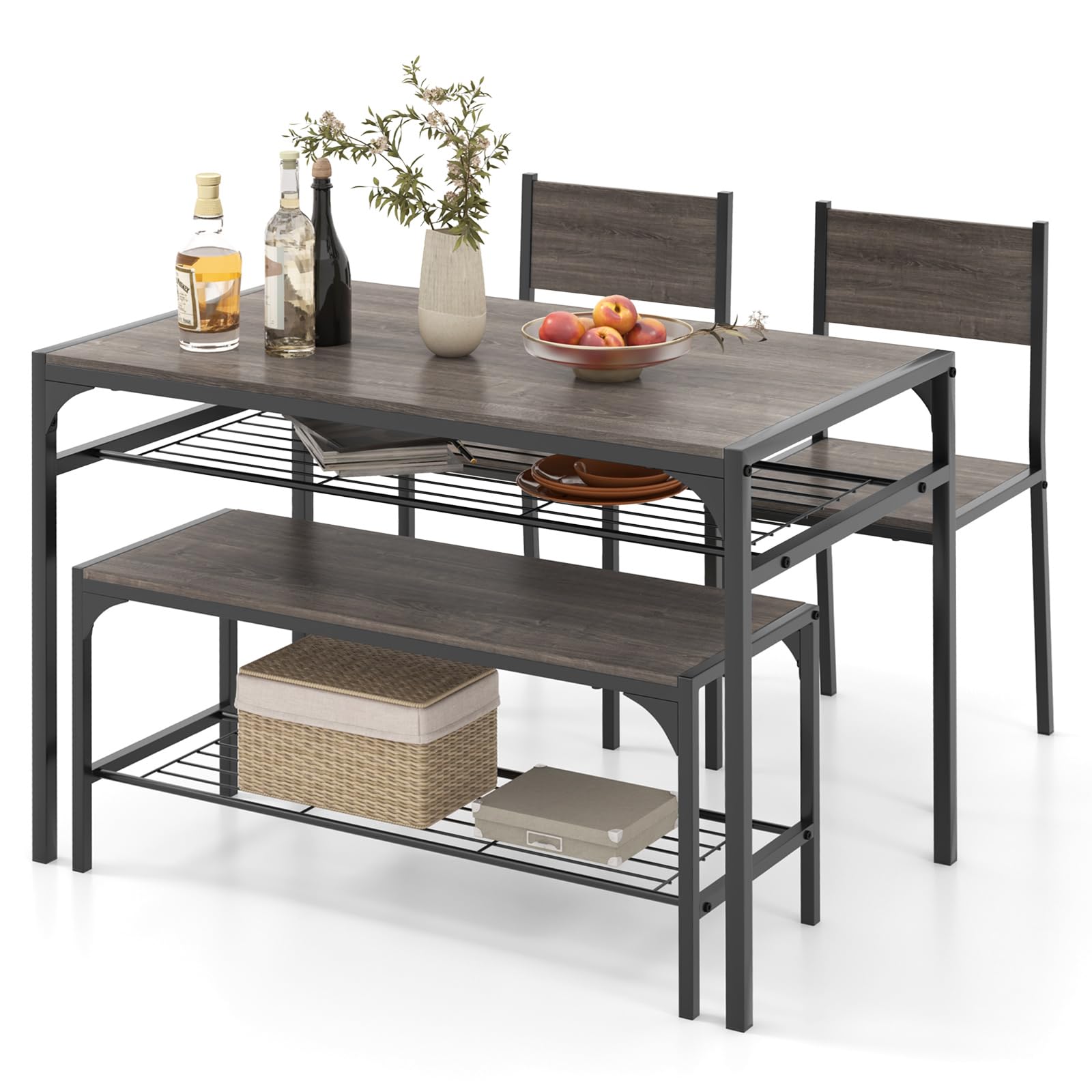 4 Pieces Dining Table Set, Kitchen Table and 2 Chairs for 4 with Bench, Storage Racks