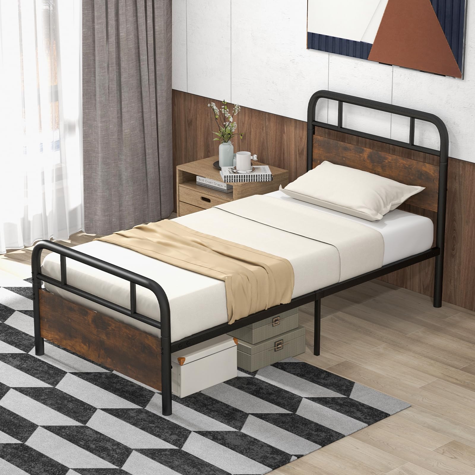 Industrial Metal Bed Frame with Wood Headboard and Footboard, Rustic Brown