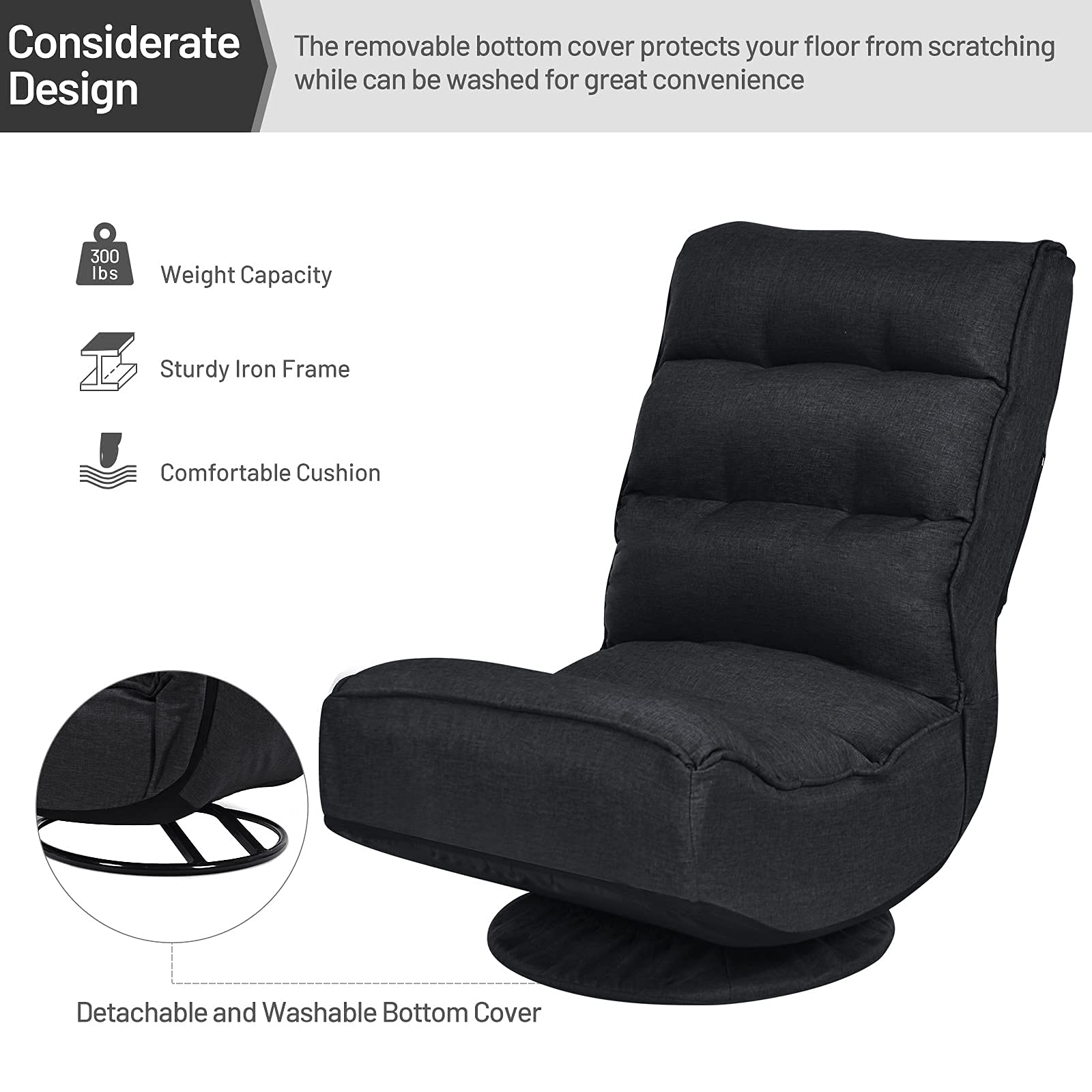 360 Degree Swivel Gaming Chair, 6 Position Adjustable Folding Floor Chair