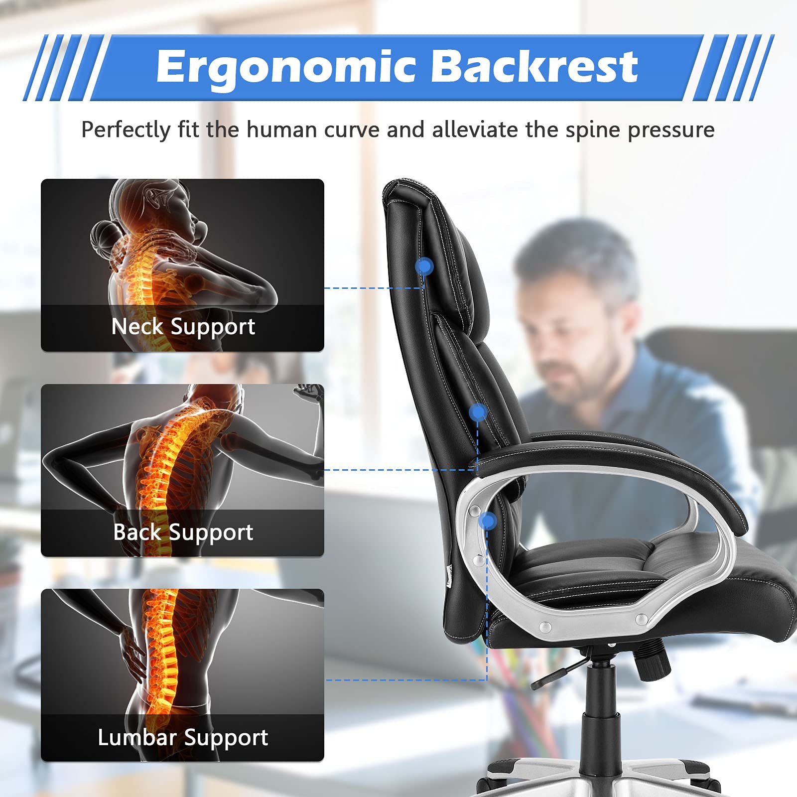 Executive Office Chair, Leather High Back Managerial Chair, Big and Tall Desk Chair with Soft Padded Armrest