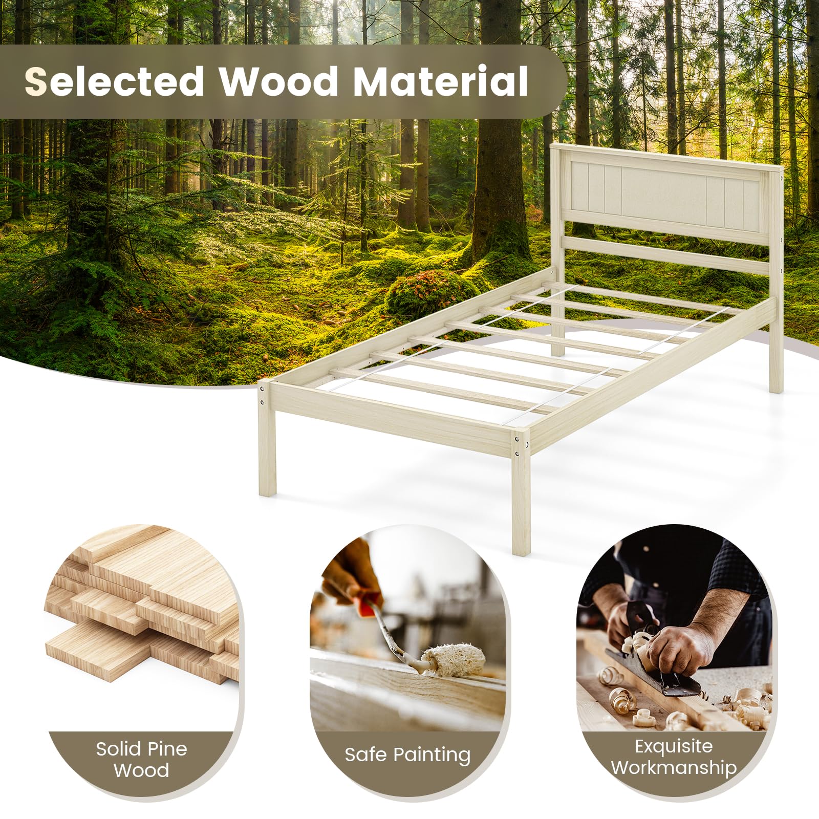 Wooden Platform Bed Frame with Headboard & Wood Slat Support