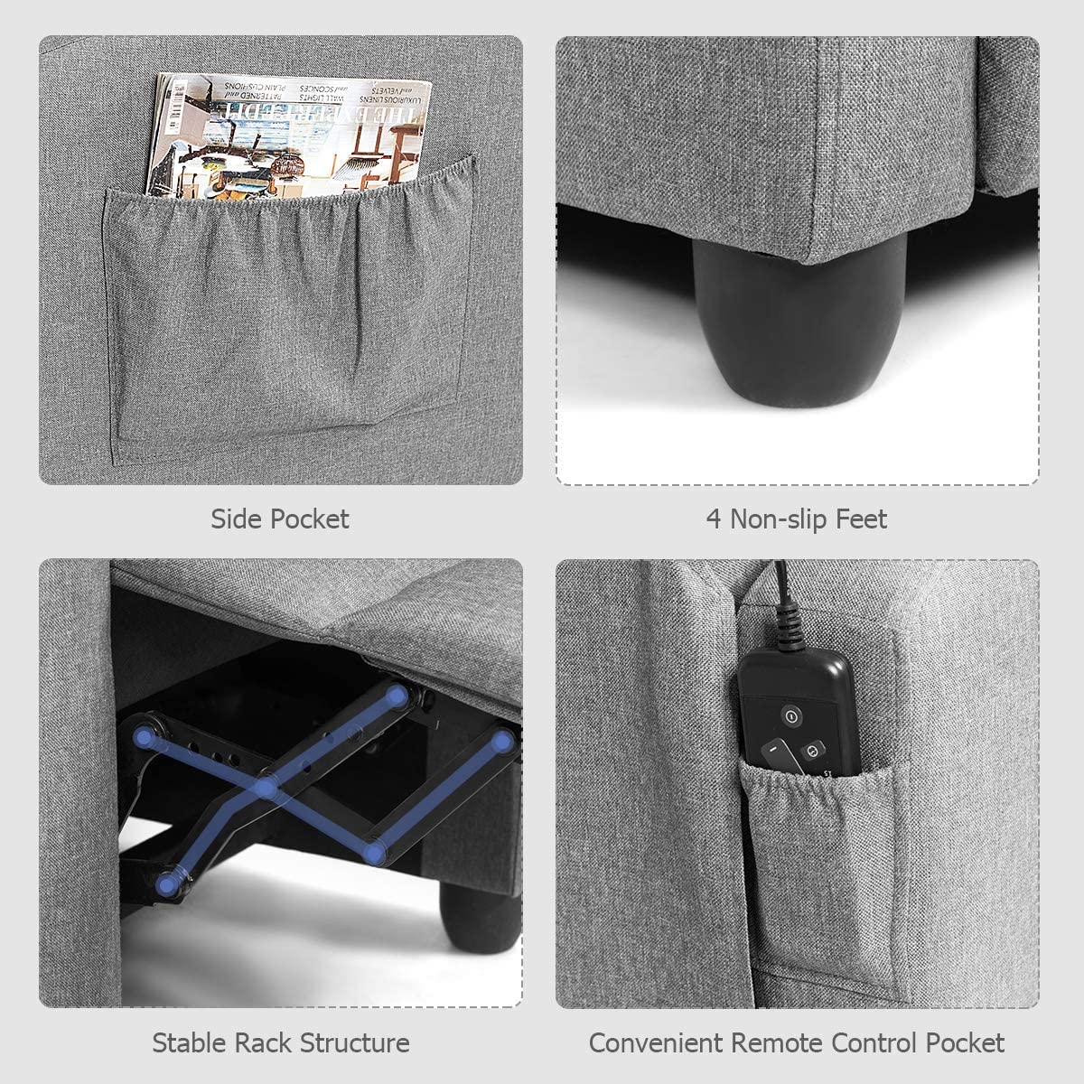 Recliner Chair with Adjustable Backrest & Footrest, Living Room Ergonomic Single Sofa with Remote and Side Pocket