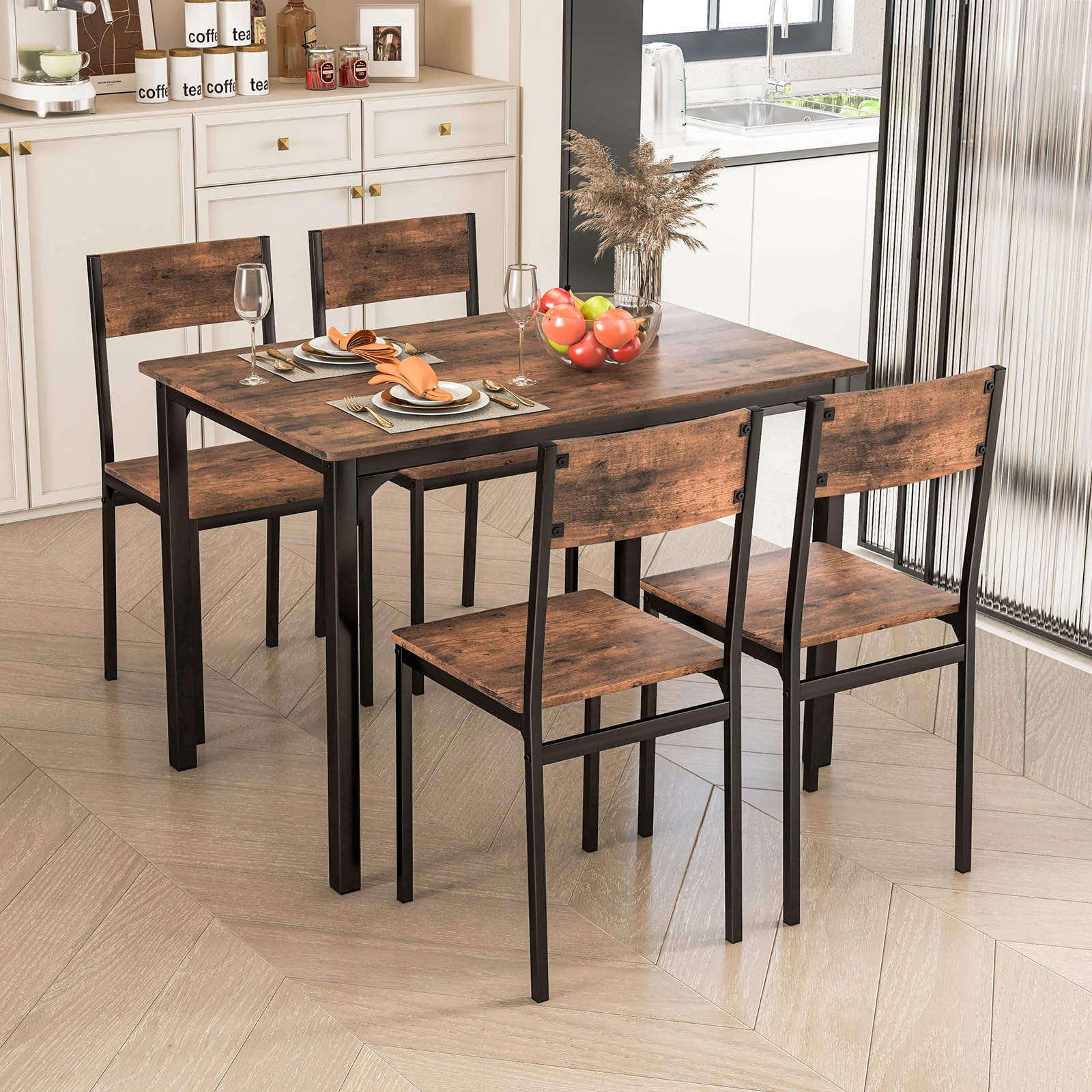 5-Piece Dining Table Set, Industrial Kitchen Table and Chairs for 4 with Backrest and Metal Frame