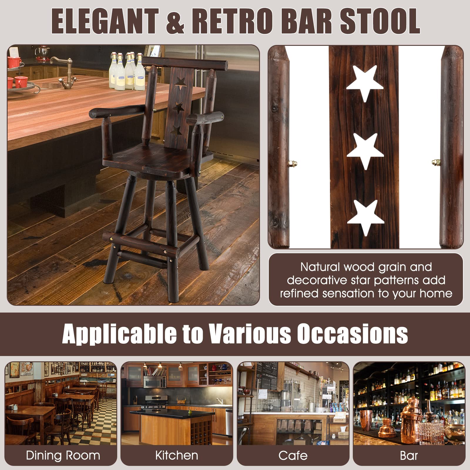 360&deg; Swivel Wood Bar Stools Set of 2 with Footrest, Decorative Star Backrest, Wide Armrest