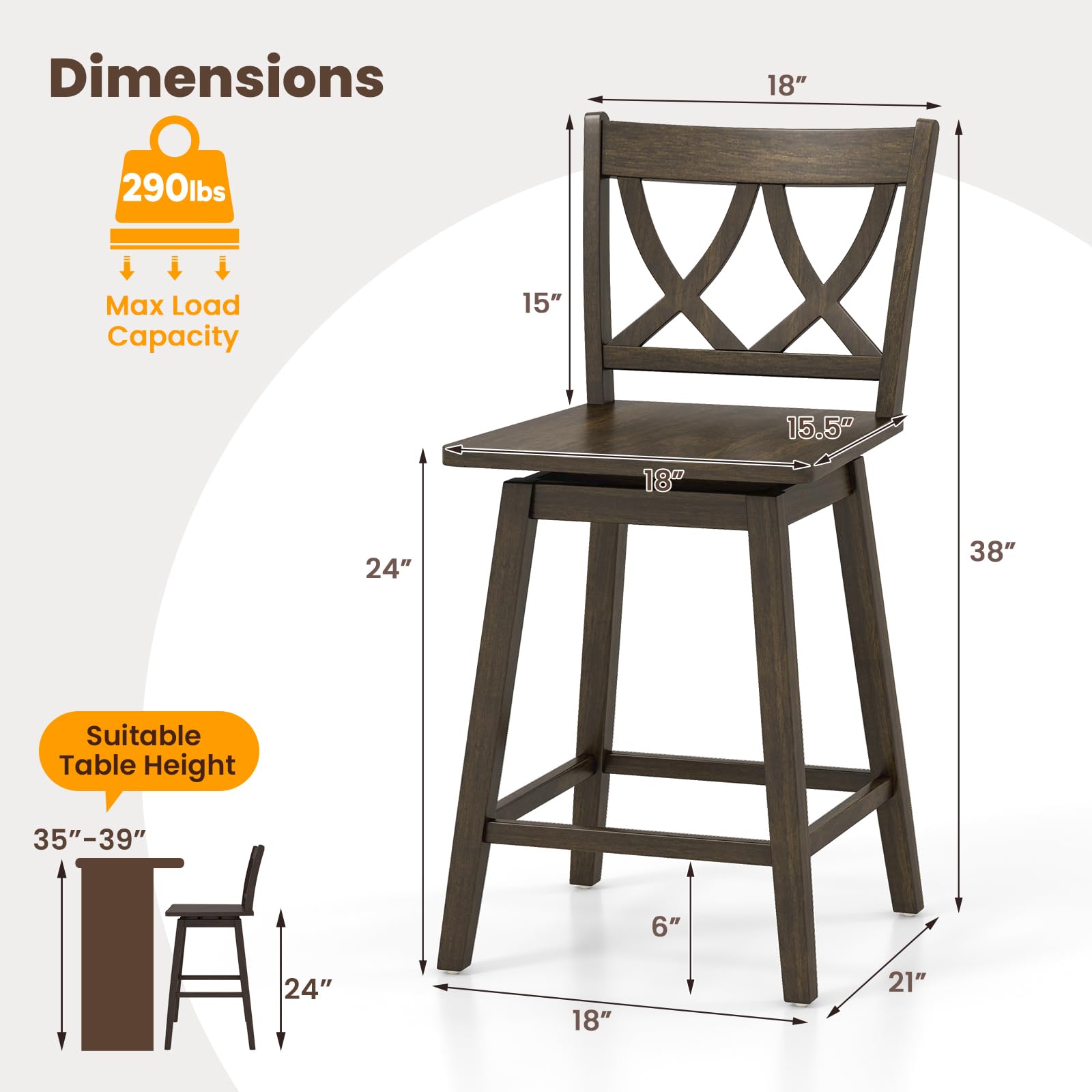 Swivel Wooden Bar Stools Set of 2/4 with Rubber Wood Frame, Footrest & Ergonomic Backrest