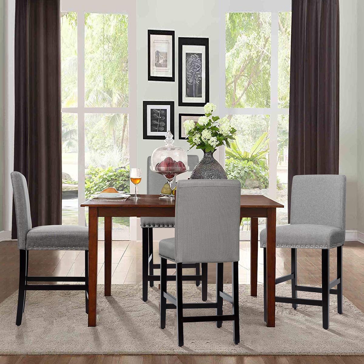 Bar Stools Set of 2/4, 25'' Counter Height Upholstered Bar Chairs w/ Rubber Wood Legs, Breathable Linen Fabric, Padded Seat & Backrest
