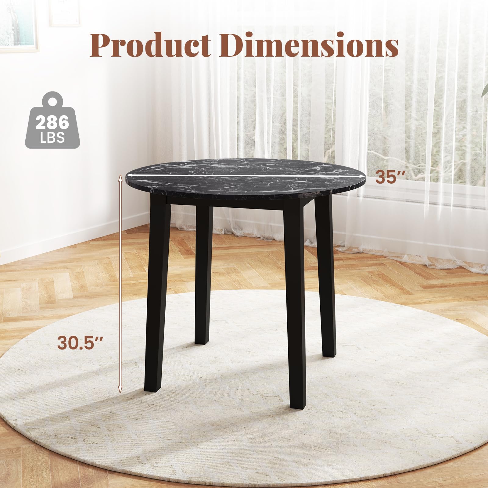 35&rdquo; Round Dining Table - Kitchen Table with Rubber Wood Legs, Marble-Textured Veneer Tabletop