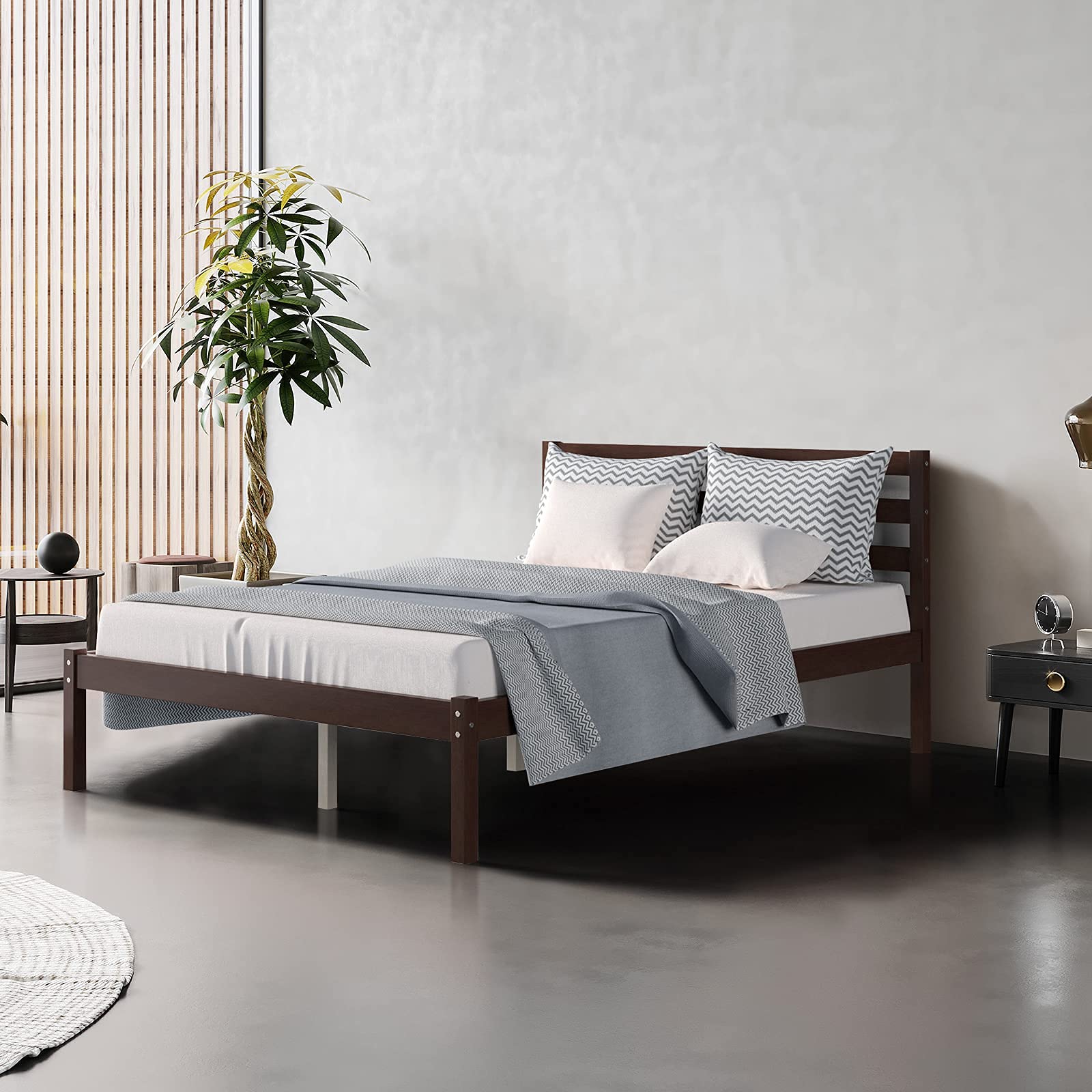Wood Platform Bed Frame, Paneled Headboard, Wood Slat Support
