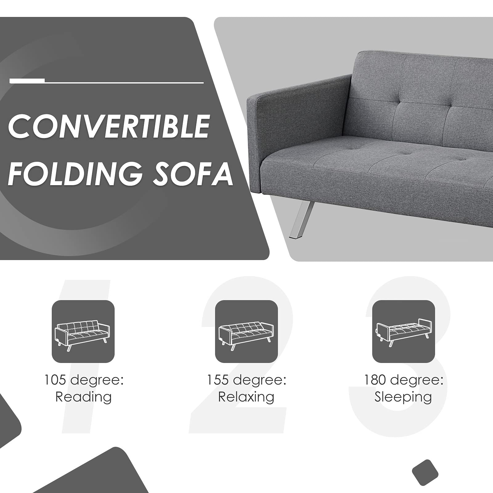 Modern 3 Seat Convertible Futon Sofa Bed with USB and Power Strip