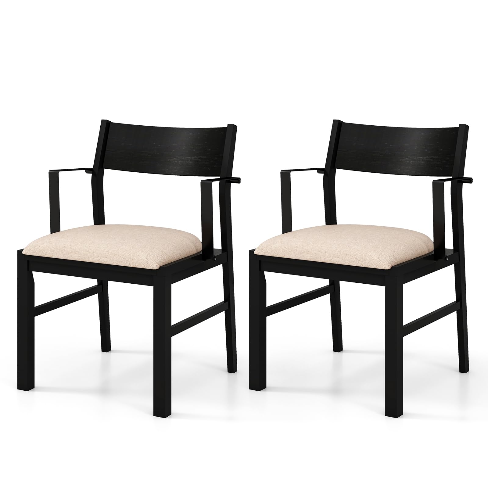 Dining Chairs Set of 2/4 with Padded Seat, Metal Armrest, Solid Rubber Wood Legs