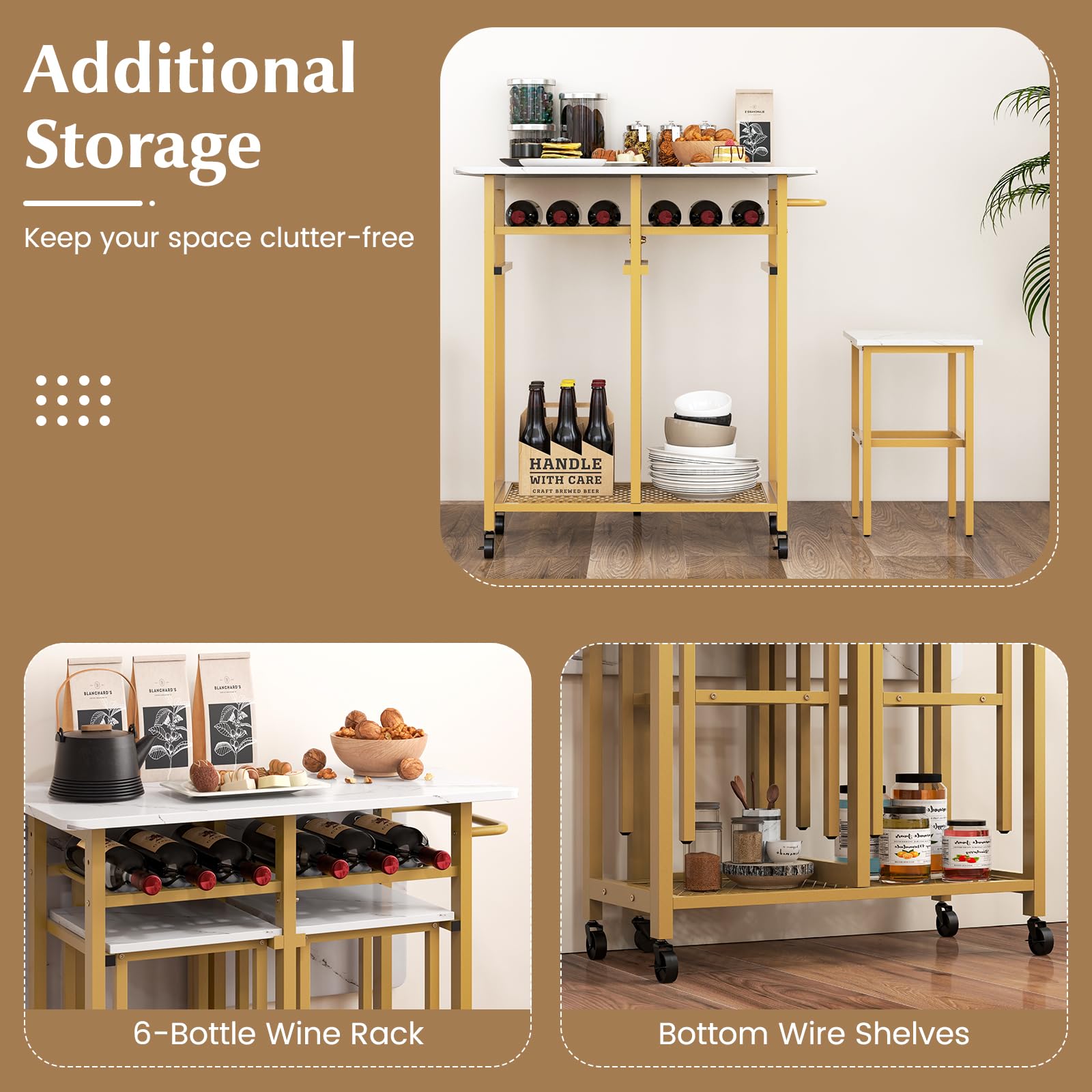 3 Piece Foldable Dining Table Set, Extendable Dining Table & 2 Stools Set w/ 6-Bottle Wine Rack, Shelves & Side Pushing Handle