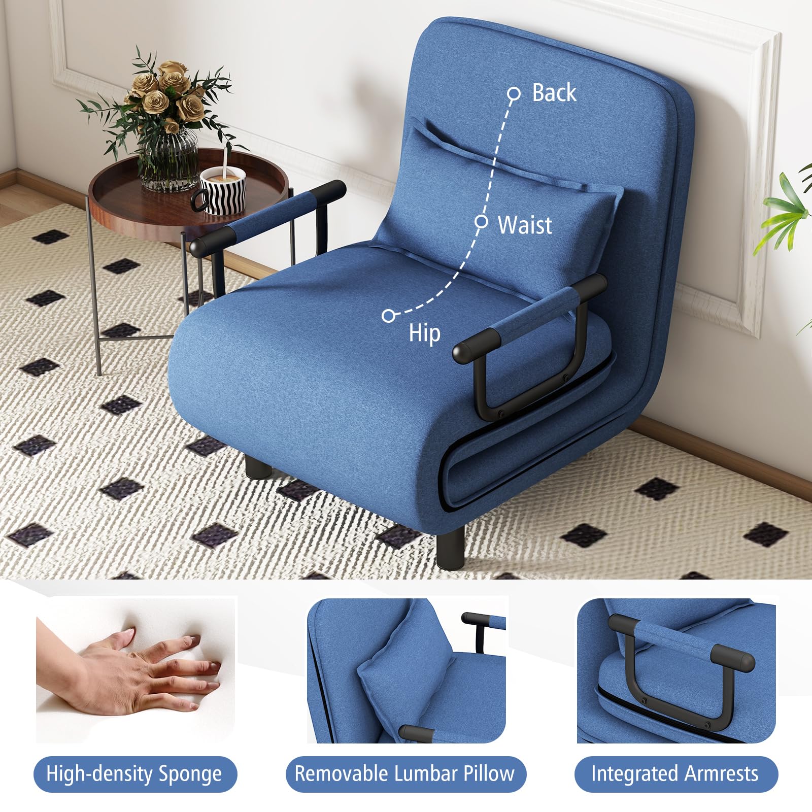 Convertible Chair Bed with 5-Position Adjustable Backrest & Lumbar Pillow, 2 Hidden Metal Legs & 2 Lockable Casters