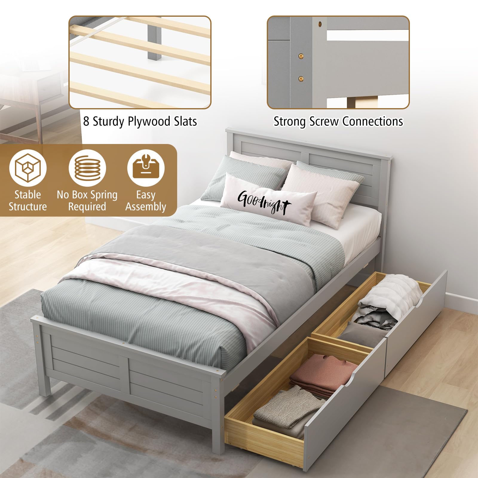 Wood Bed Frame with 2 Storage Drawers