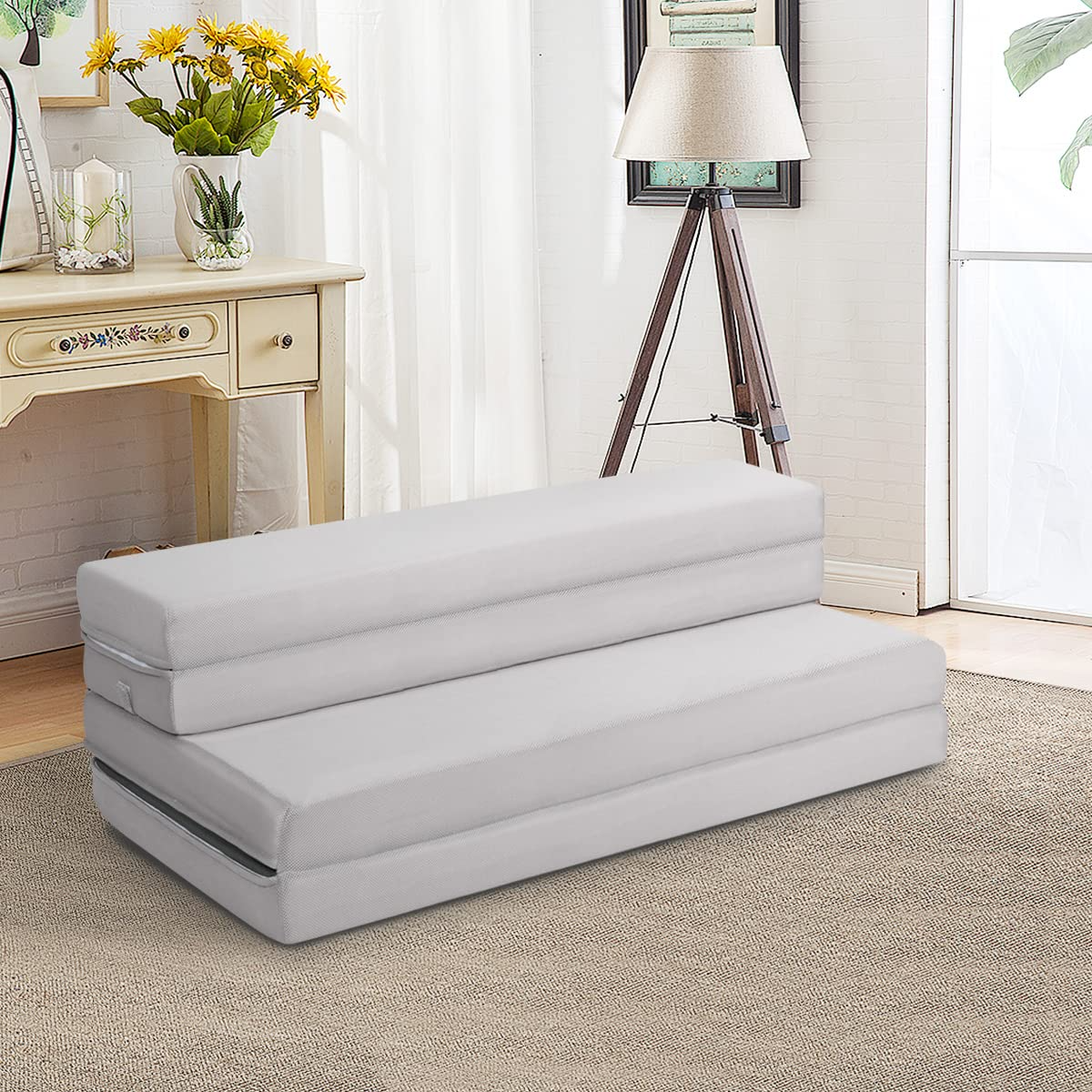 4 Inch Tri Folding Mattress, Foam Mattress with Carrying Handles and Removable Washable Fabric