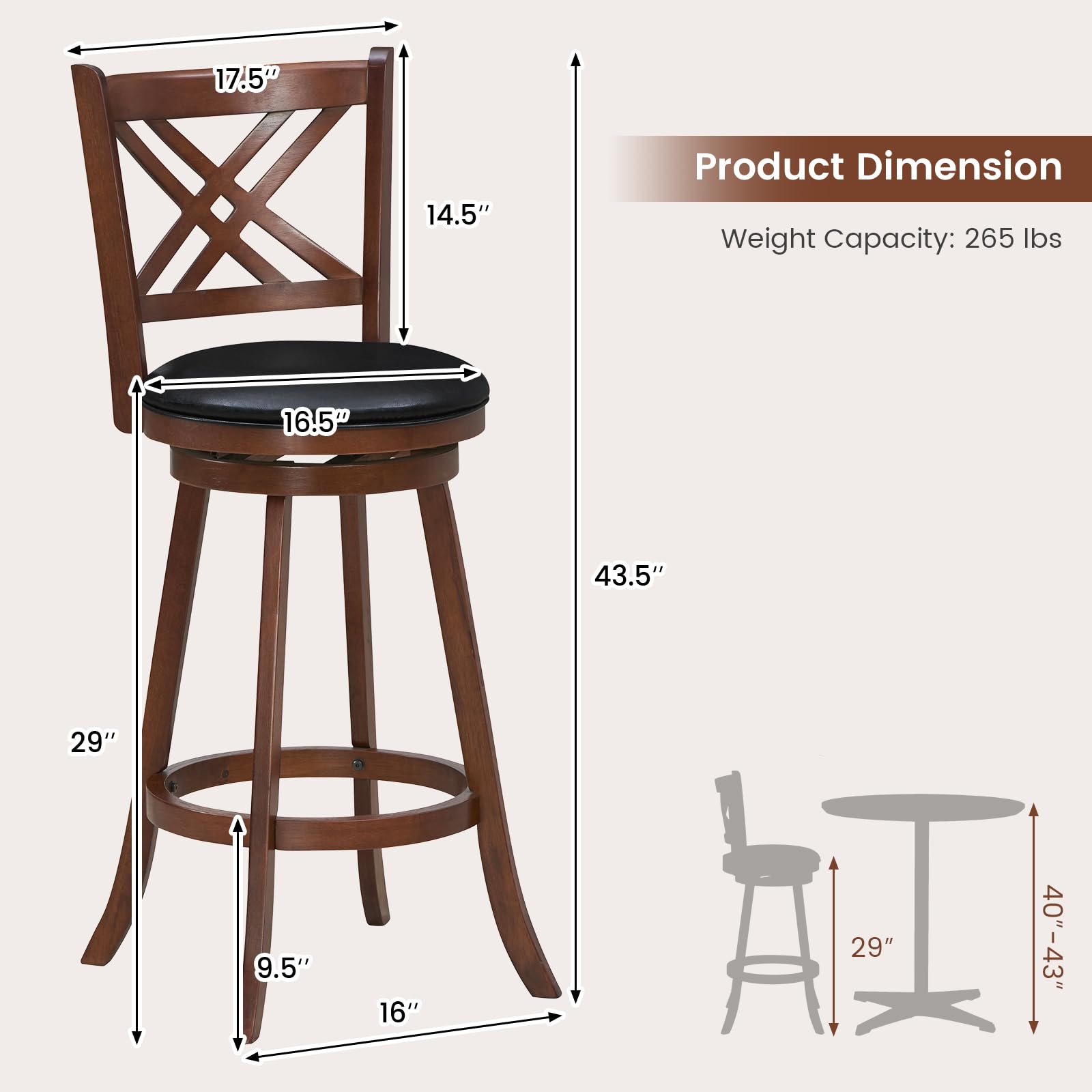 360&deg; Swivel Barstools Set of 2/4, 29" Bar Height Bar Chairs with Back & Footrest