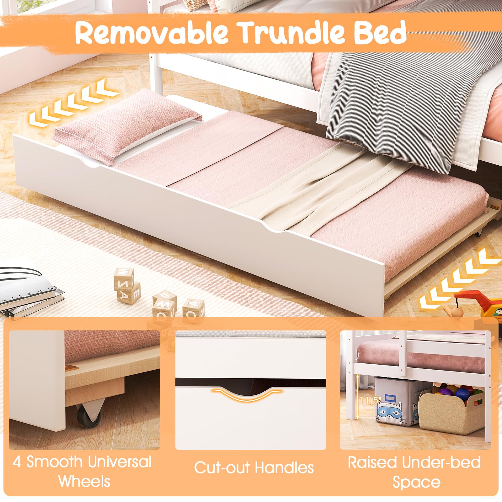 Twin Over Twin Wood Bunk Bed with Trundle & Storage Stairs, Convertible to 2 Separated Beds