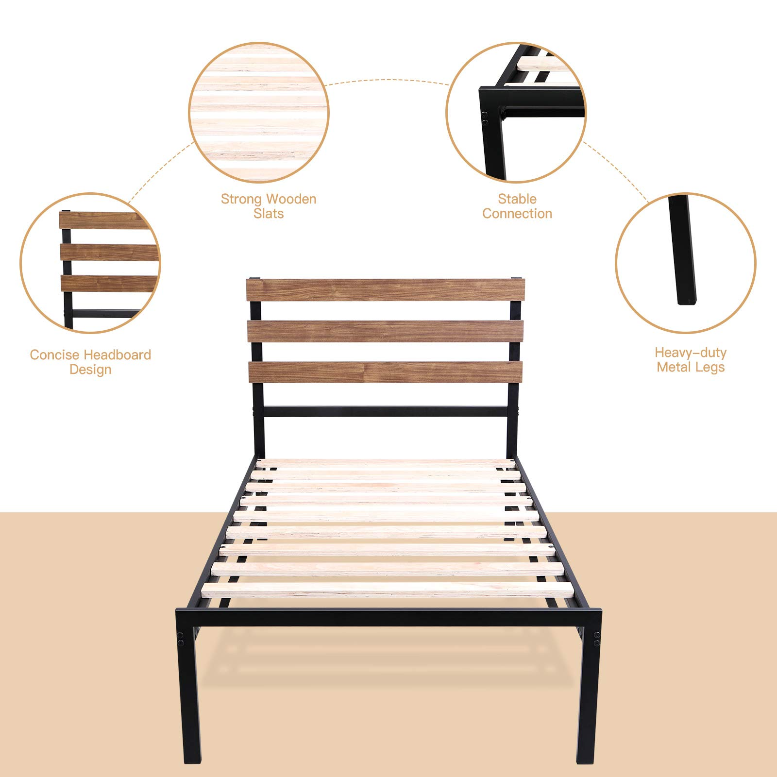 Metal Bed Frame with Wood Headboard and Slats