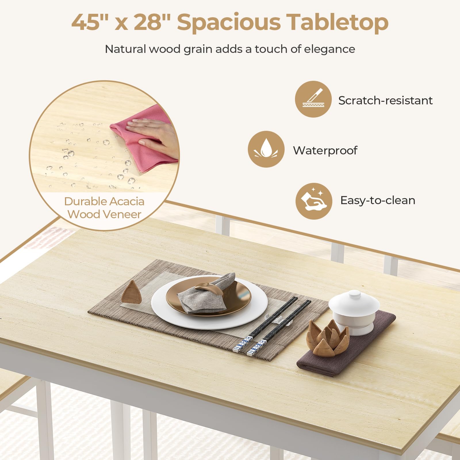 Dining Table Set for 4, Farmhouse Solid Wood Dining Set w/Rubber Wood Legs