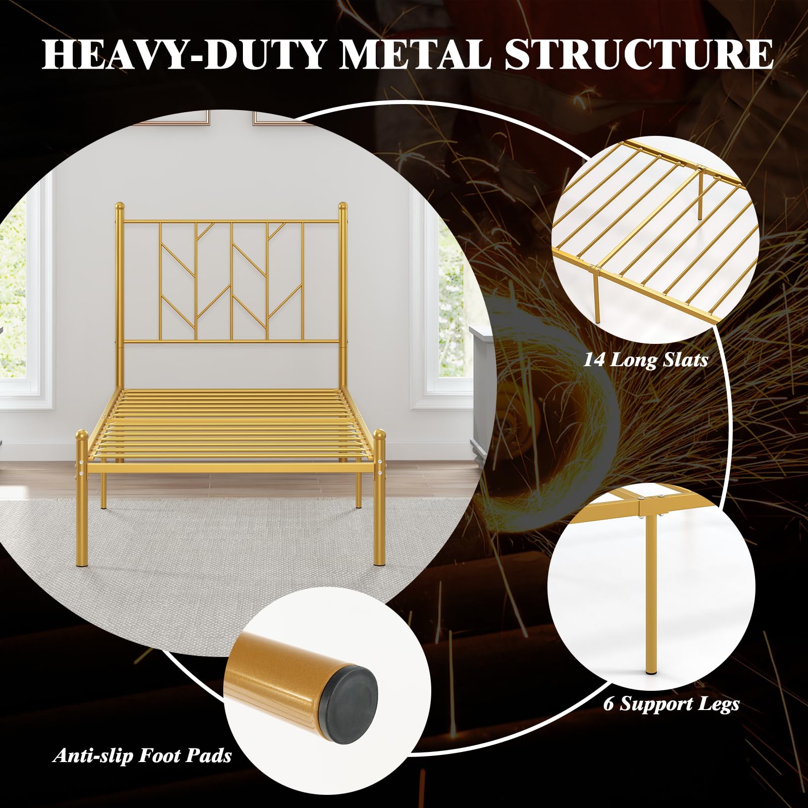 Metal Bed Frame with Victorian Style Headboard, 14 Metal Slats Support