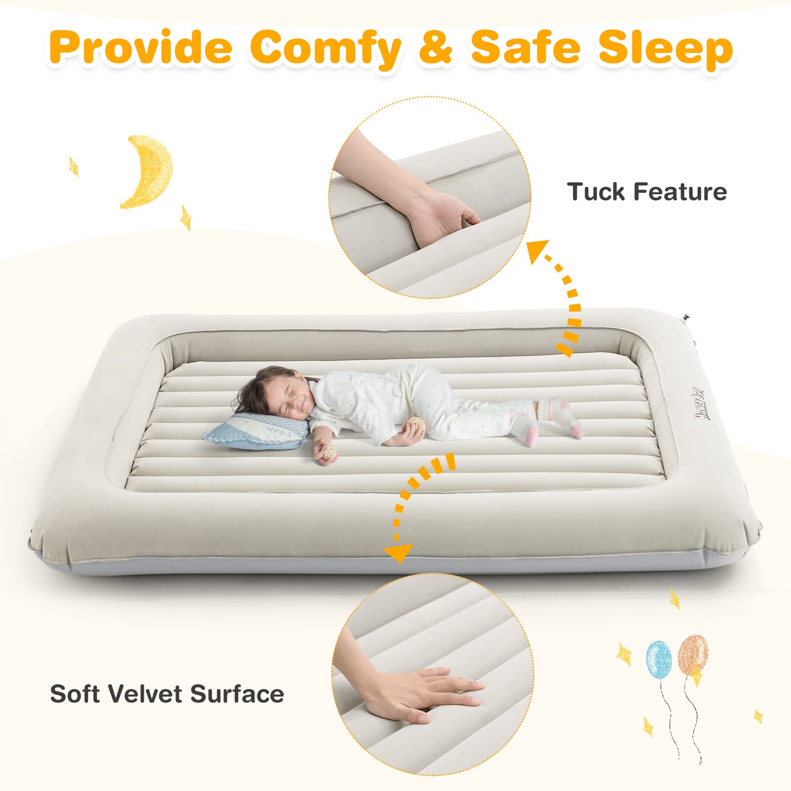Inflatable Toddler Travel Bed, Kids Blow Up Air Mattress with Sides, Includes Air Pump, Travel Bag