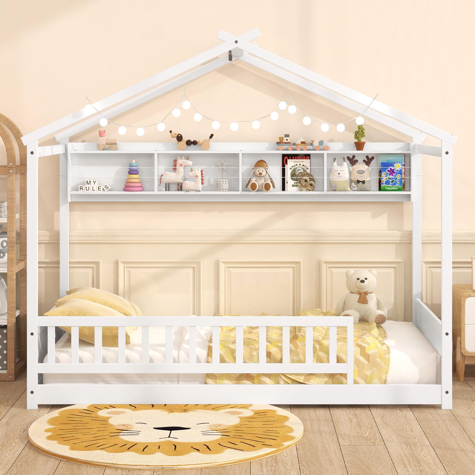Twin Floor House Bed with Storage Shelf, Headboard & Guardrail