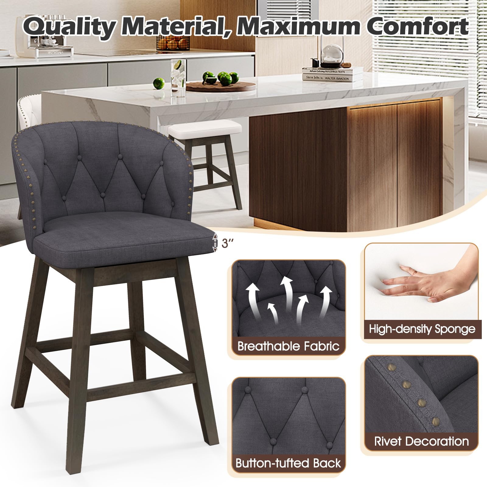 Counter Height Bar Stools Set of 2/4, Fabric Upholstered Island Stools with 360&deg; Swivel Seat & Button-Tufted Back