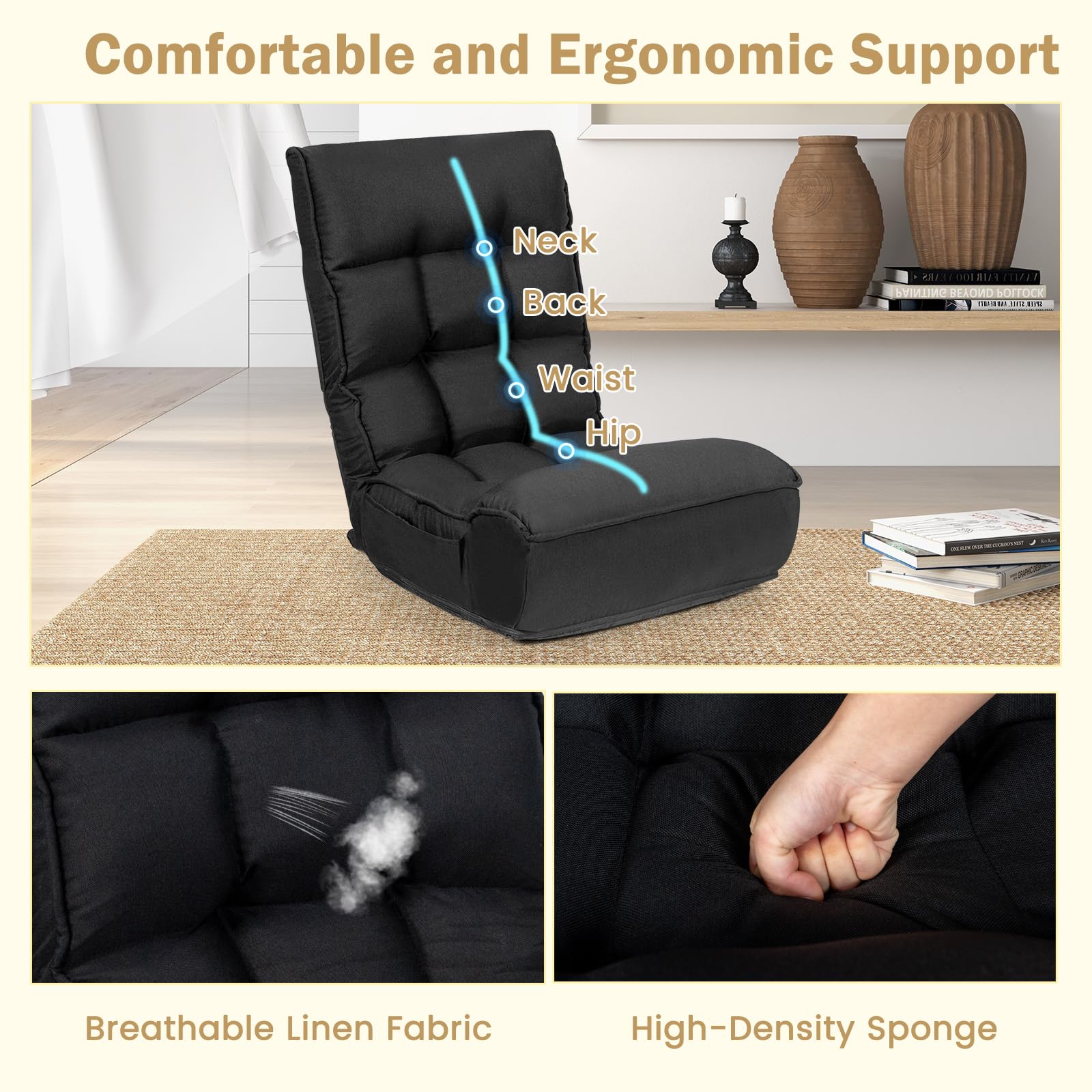  Folding Floor Lounge Chair with 5-Position Adjustable Head & 4-Position Adjustable Backrest