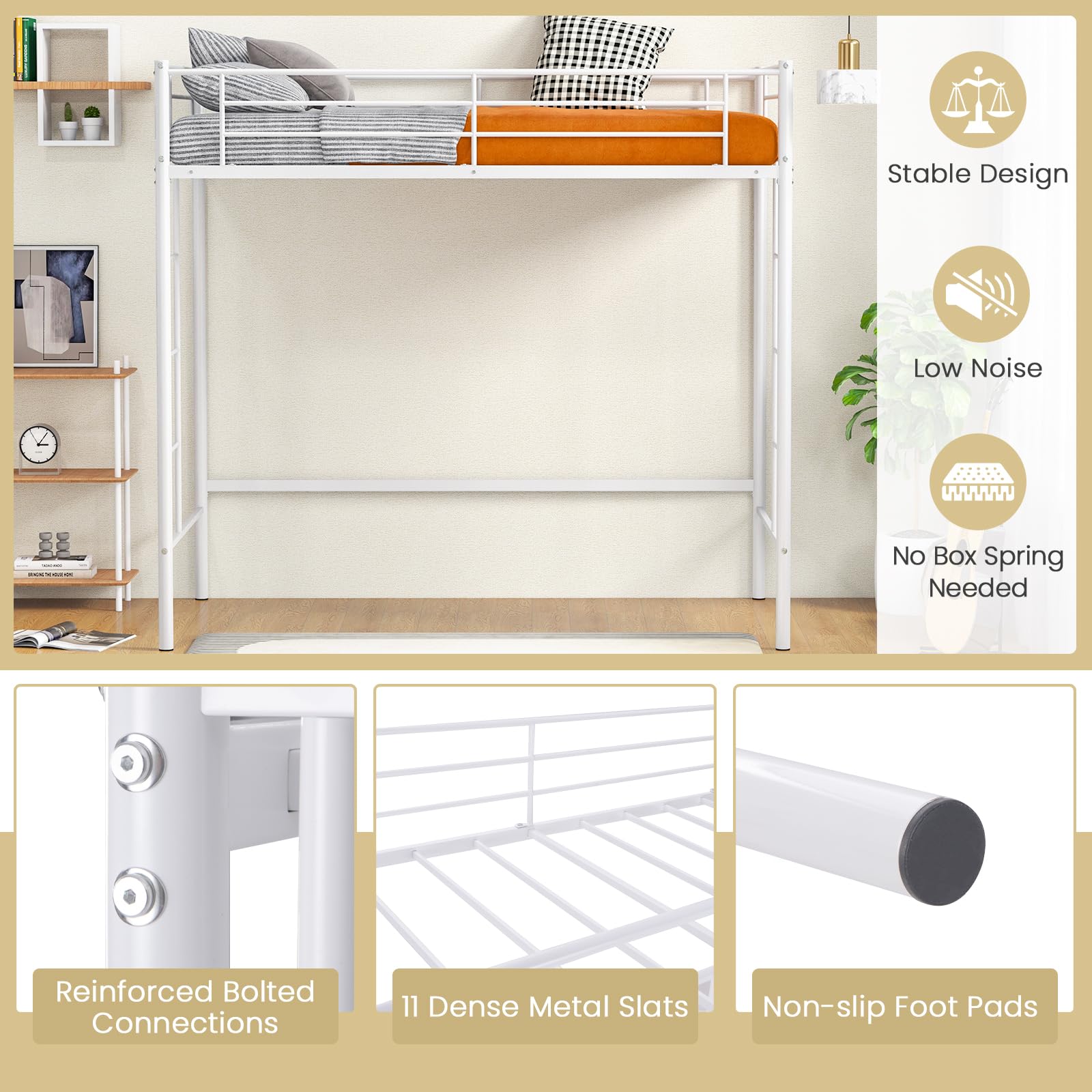 Twin Size Metal Loft Bed with Both Side Ladders & Safety Guardrails