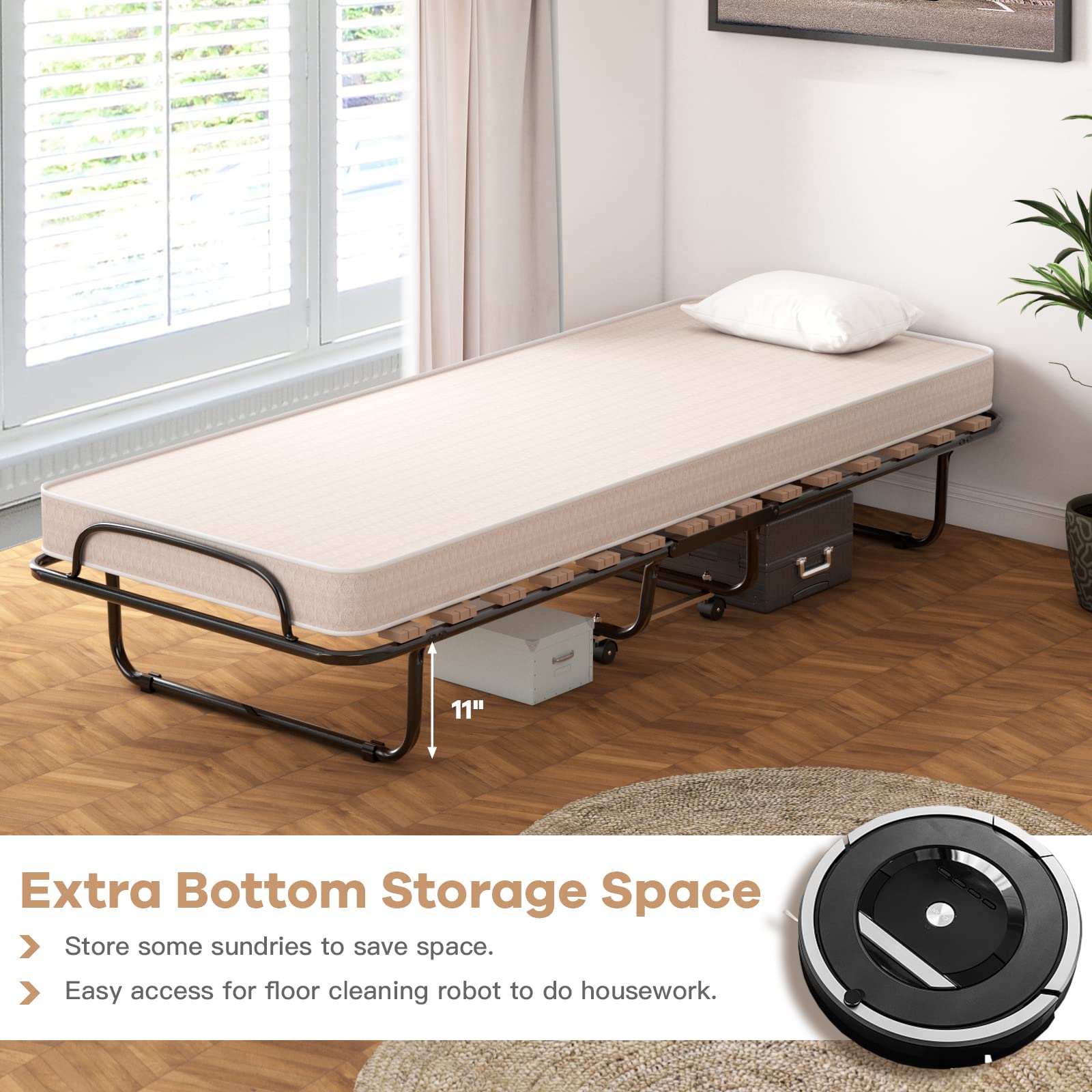 Folding Bed with Mattress for Adults, Rollaway Guest Beds w/Memory Foam Mattress & Metal Frame