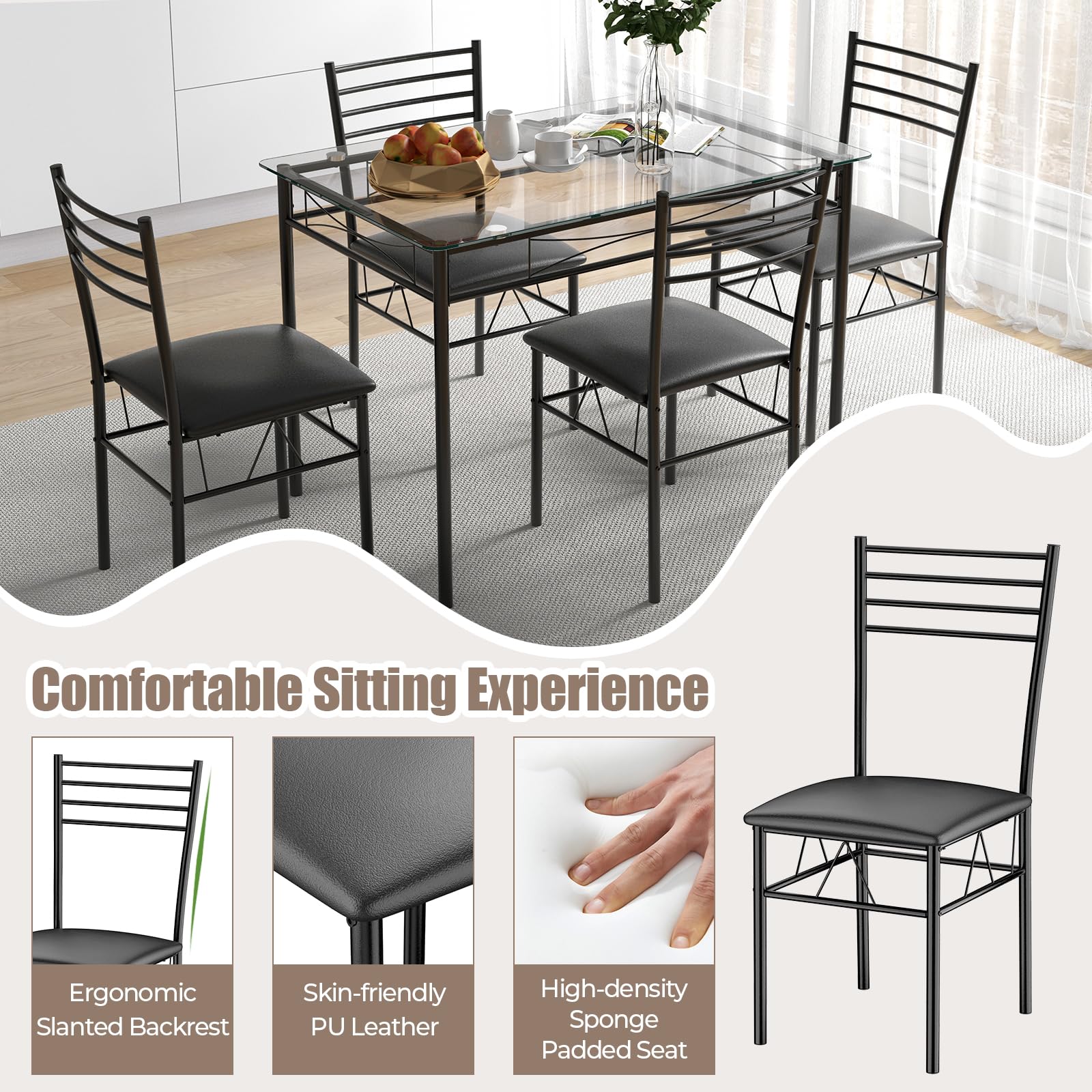 5 Piece Dining Table Set with Tempered Glass Table Top and 4 Upholstered Chairs