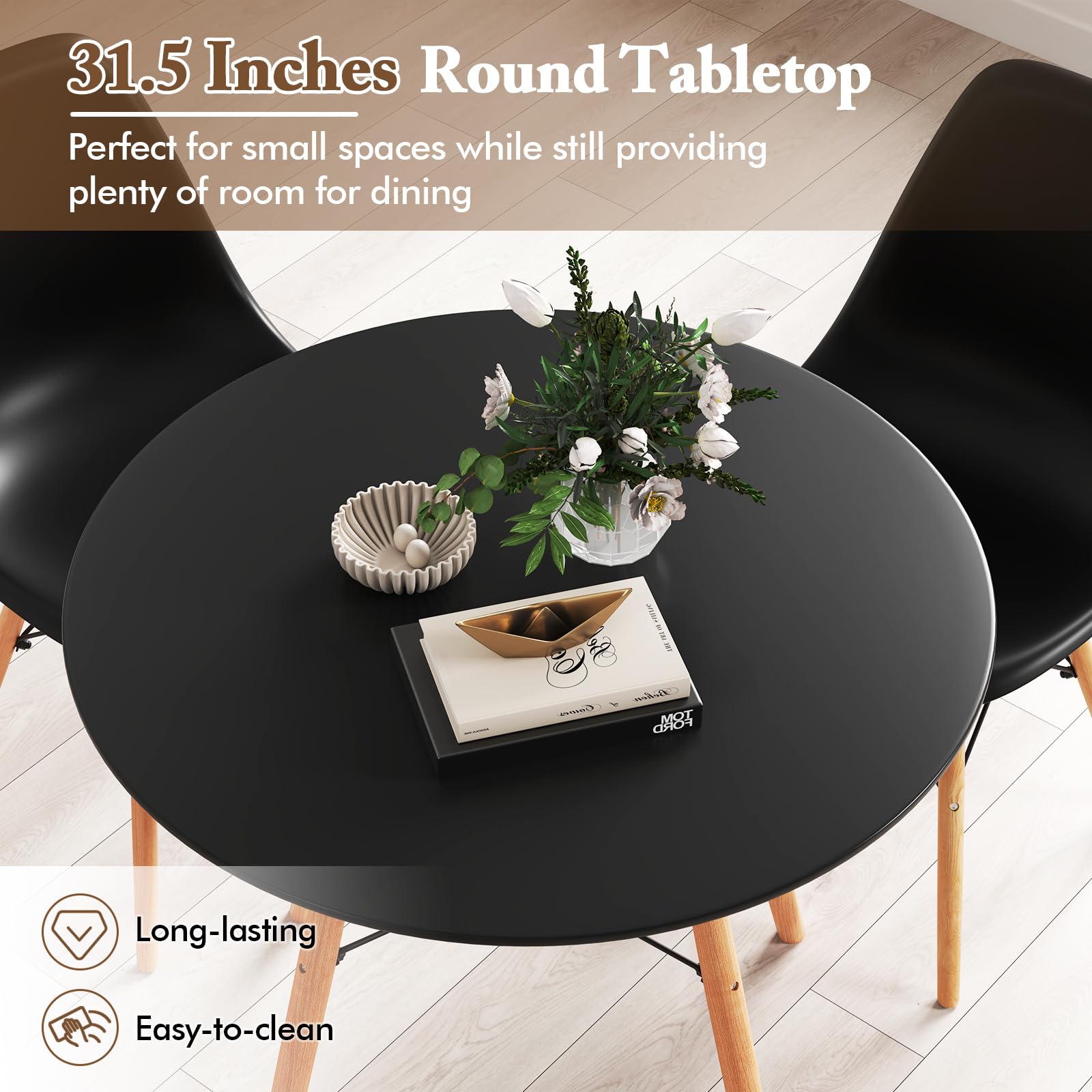 Round Dining Table Set for 4, Modern 31.5" D Dining Table & 4 Dining Chairs with Solid Wood Legs