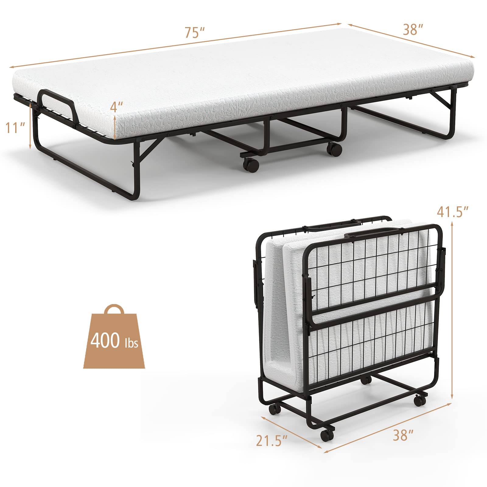 Folding Bed with 4" Mattress for Adults, Twin Size Rollaway Guest Beds w/Sturdy Metal Frame & Memory Foam Mattress