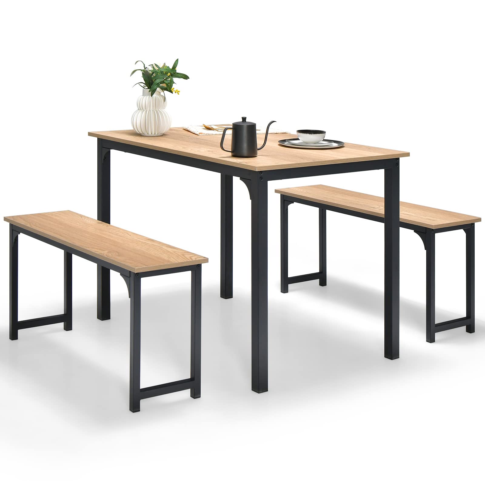 Dining Table Set for 4, 3-Piece Kitchen Table with 2 Benches