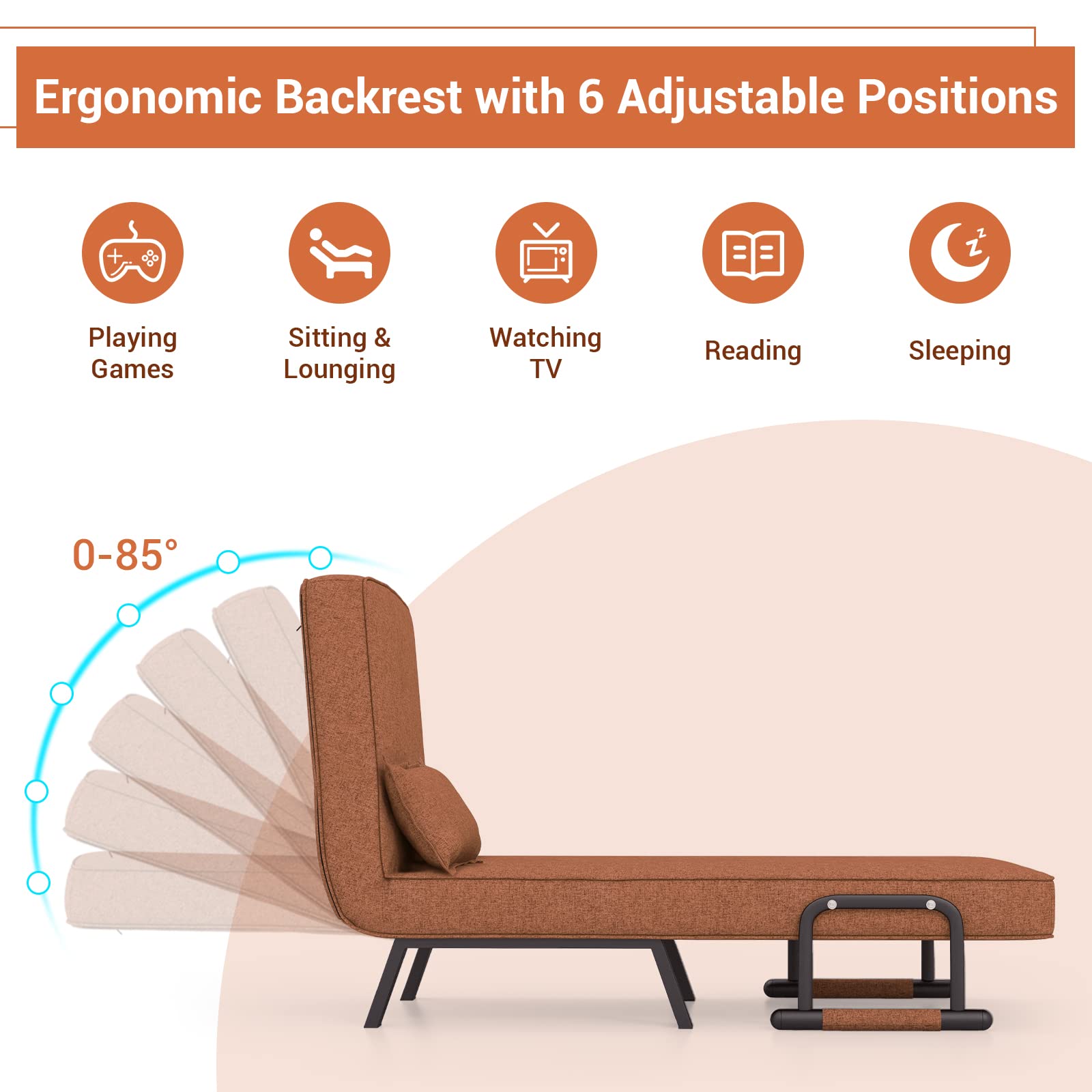 Convertible Upholstered Sleeper Chair Bed with Pillow, 4-in-1 Folding Sofa Bed with 6-Position Adjustable Backrest