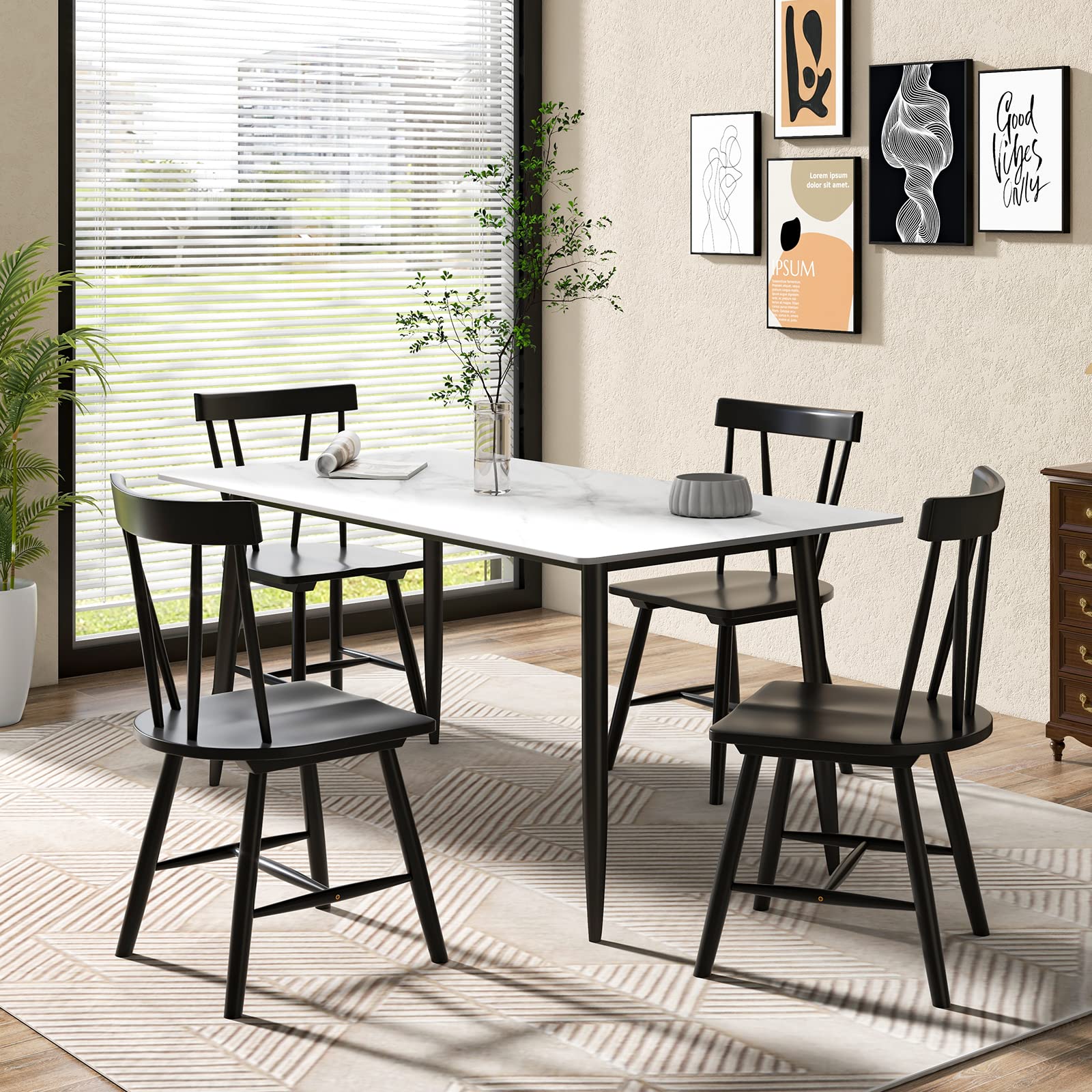 Set of 2/4 Windsor Chairs, Rubber Wood Dining Chairs with Spindle Back, Wide Seats, Anti-Slip Foot Pads