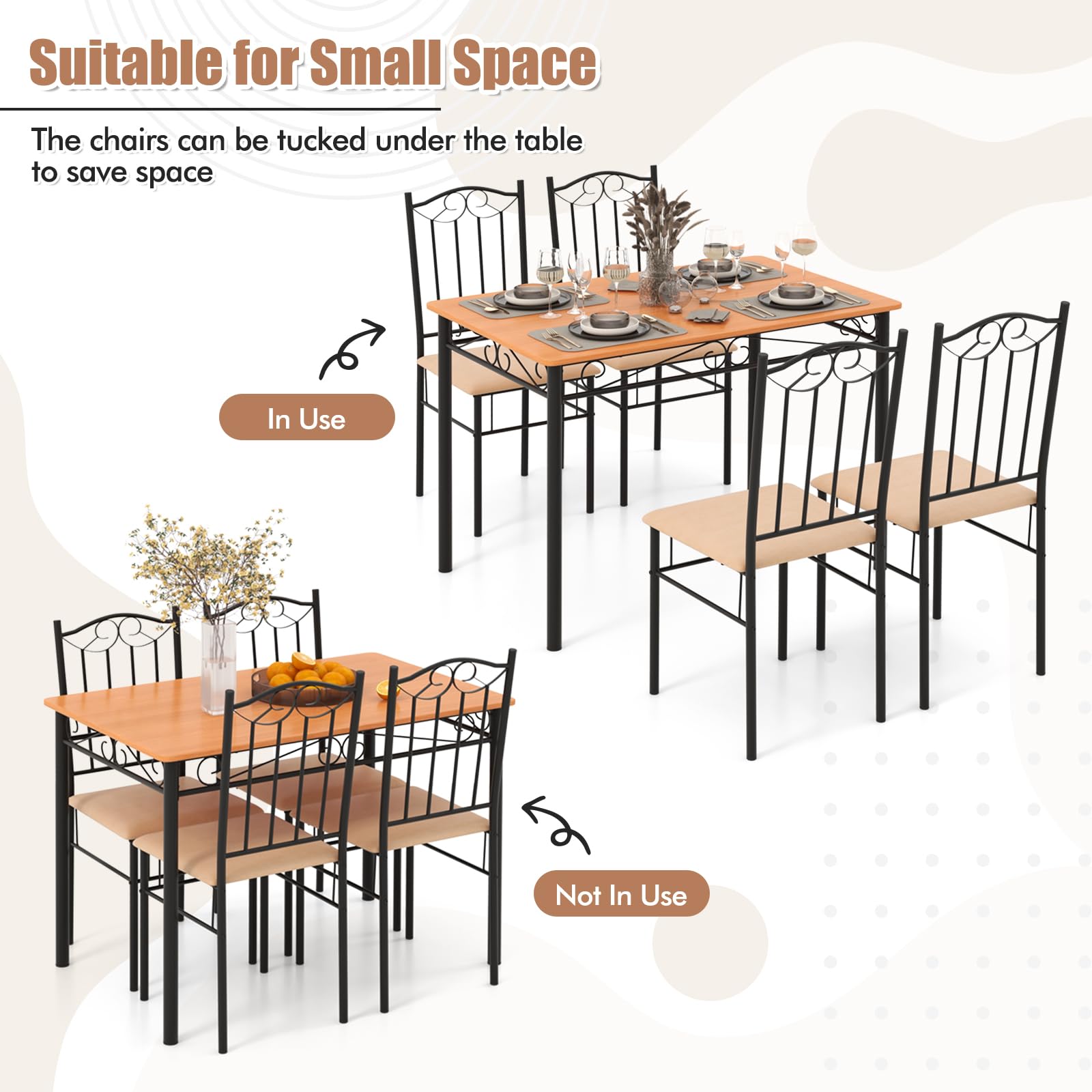 5 Pieces Dining Table Set, Modern Rectangular Dining Table & 4 Upholstered Chair Sets