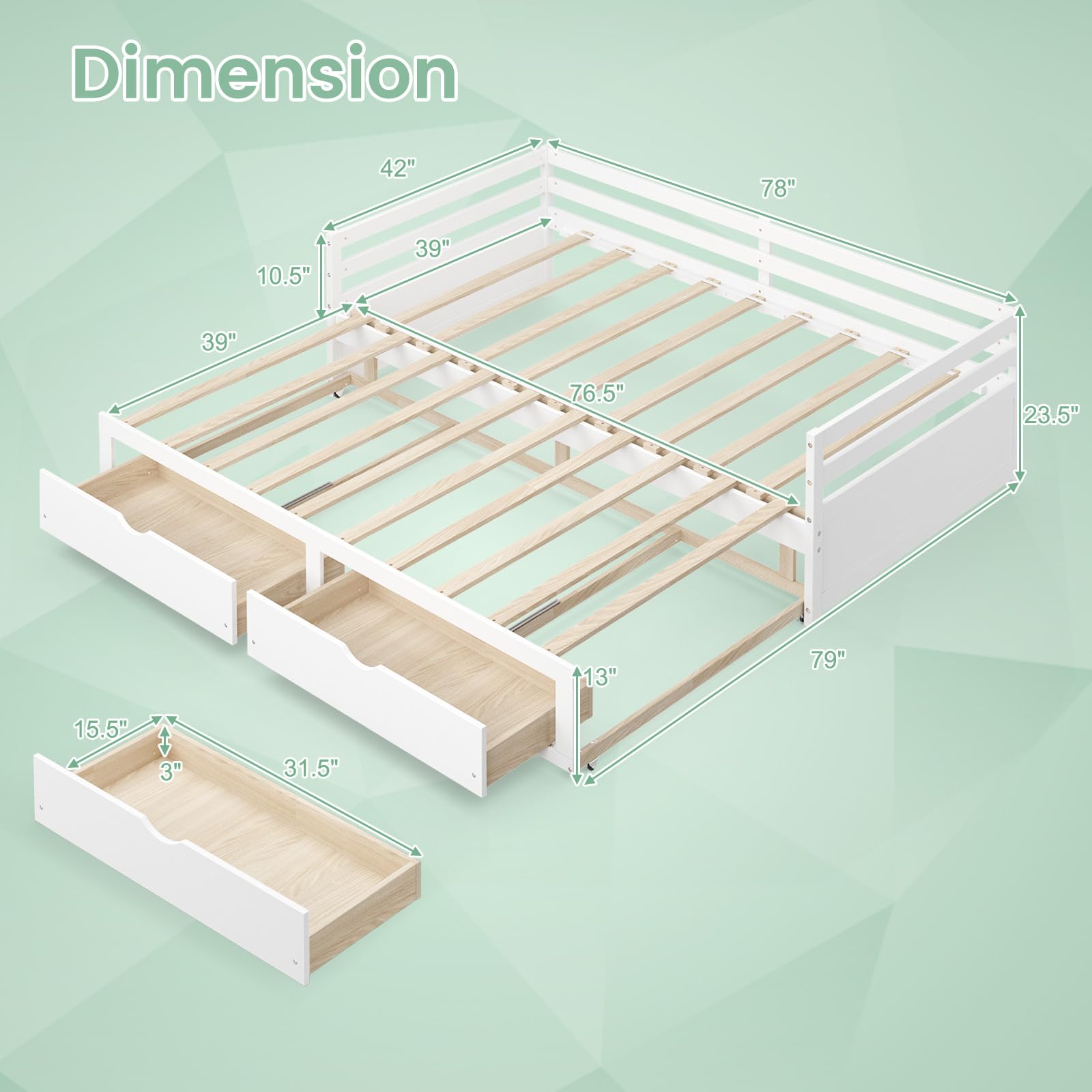 Wood Daybed with Trundle, Extendable Twin to King Daybed Frame with 2 Storage Drawers