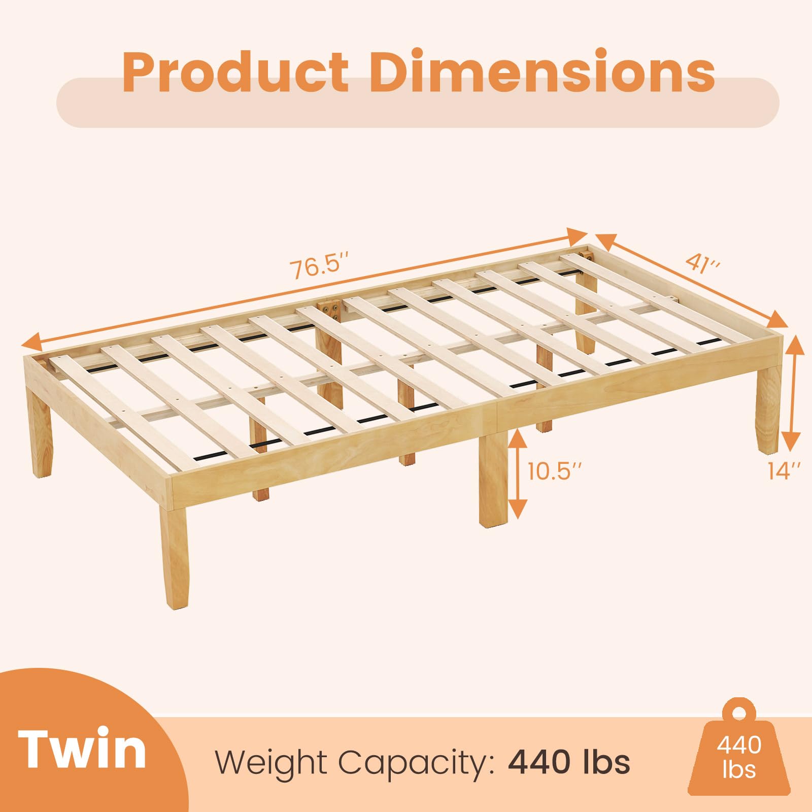 Wood Platform Bed Frame, 14 Inches Wooden Mattress Foundation with Solid Rubber Wood Legs