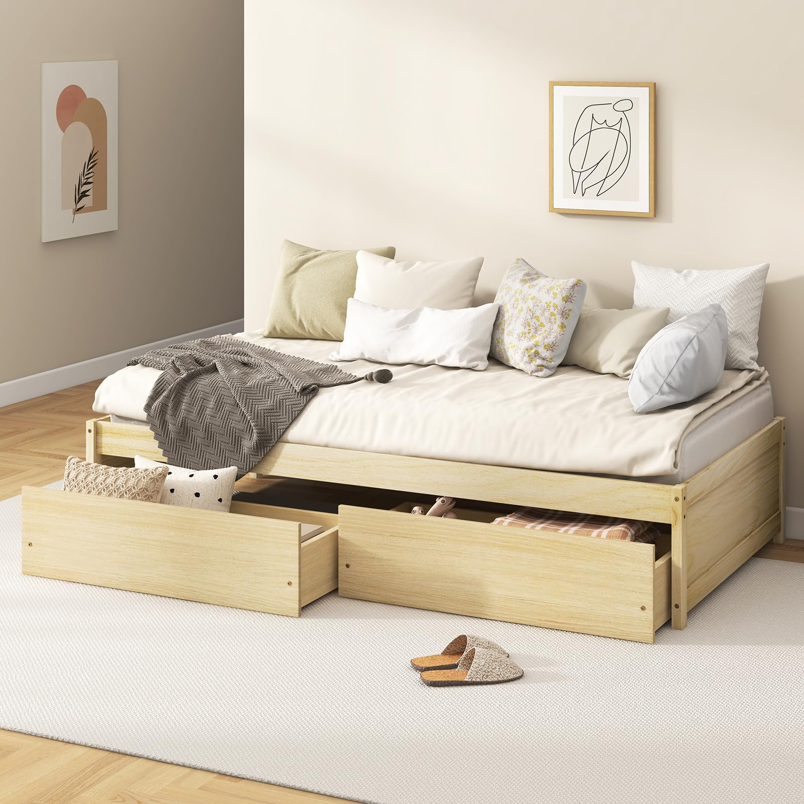 Bed Frame with 2 Storage Drawers, Solid Wood Platform Bed with Slats Support