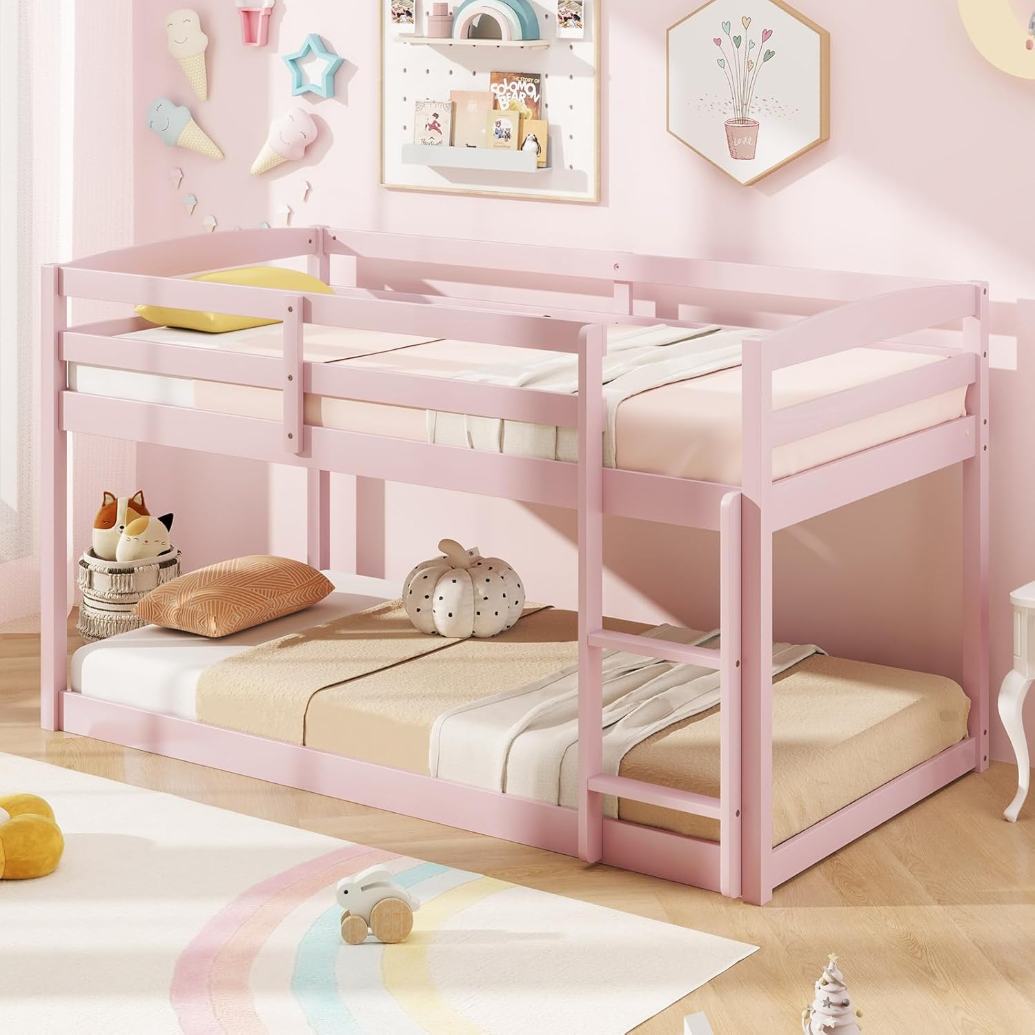 Twin Over Twin Solid Wood Low Bunk Bed with Full Guardrails & Integrated Ladder