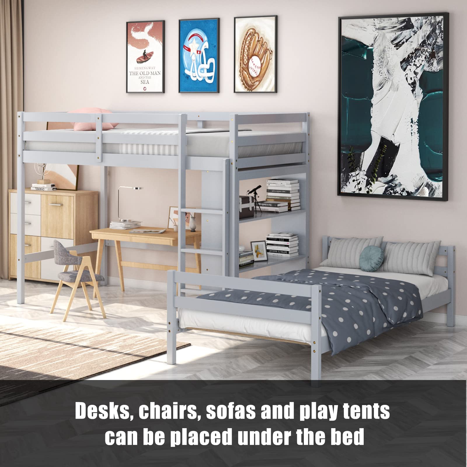 Twin Over Twin Bunk Bed, Convertible Wooden Loft Bed with 3-Tier Bookcase, Can be Separated into 2 Beds