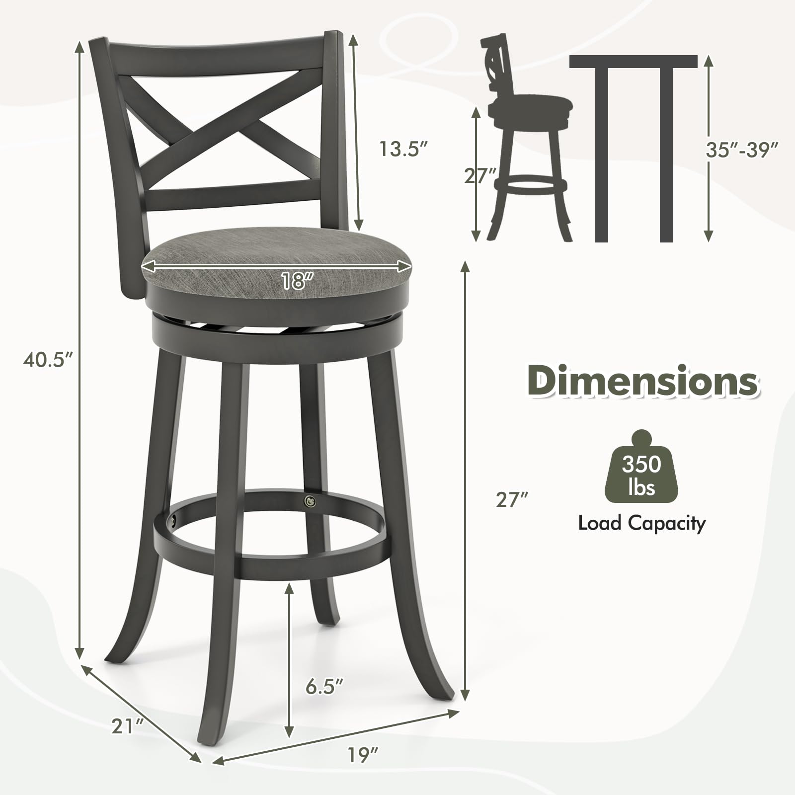 Wood Swivel Bar Stools Set of 2/4, Counter Height Swivel Chairs with Hollow Back & Soft-Padded Seat
