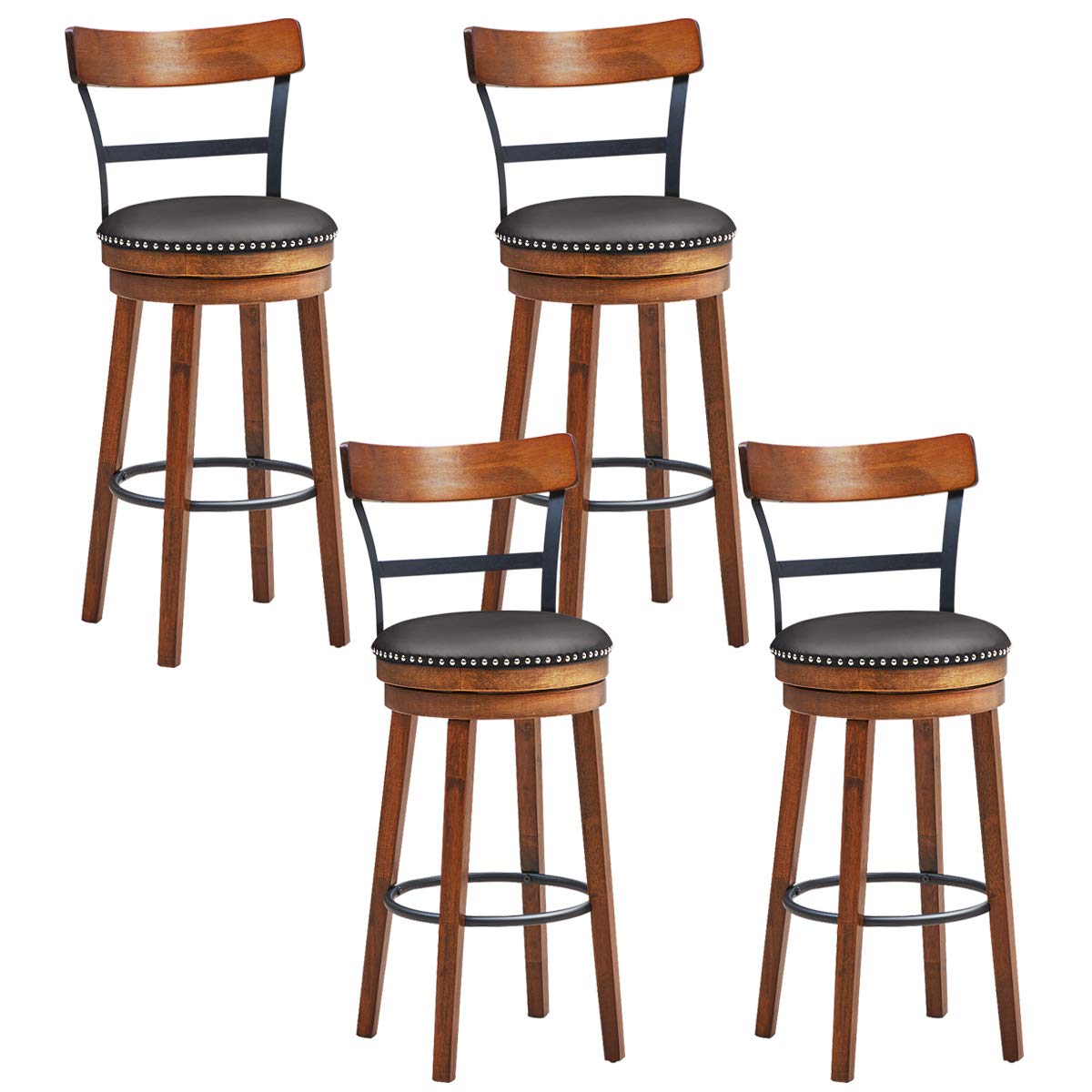 Bar Stools Set of 1/2/4, 360-Degree Swivel Stools with Leather Padded Seat, Single Slat Ladder Back & Solid Rubber Wood Legs
