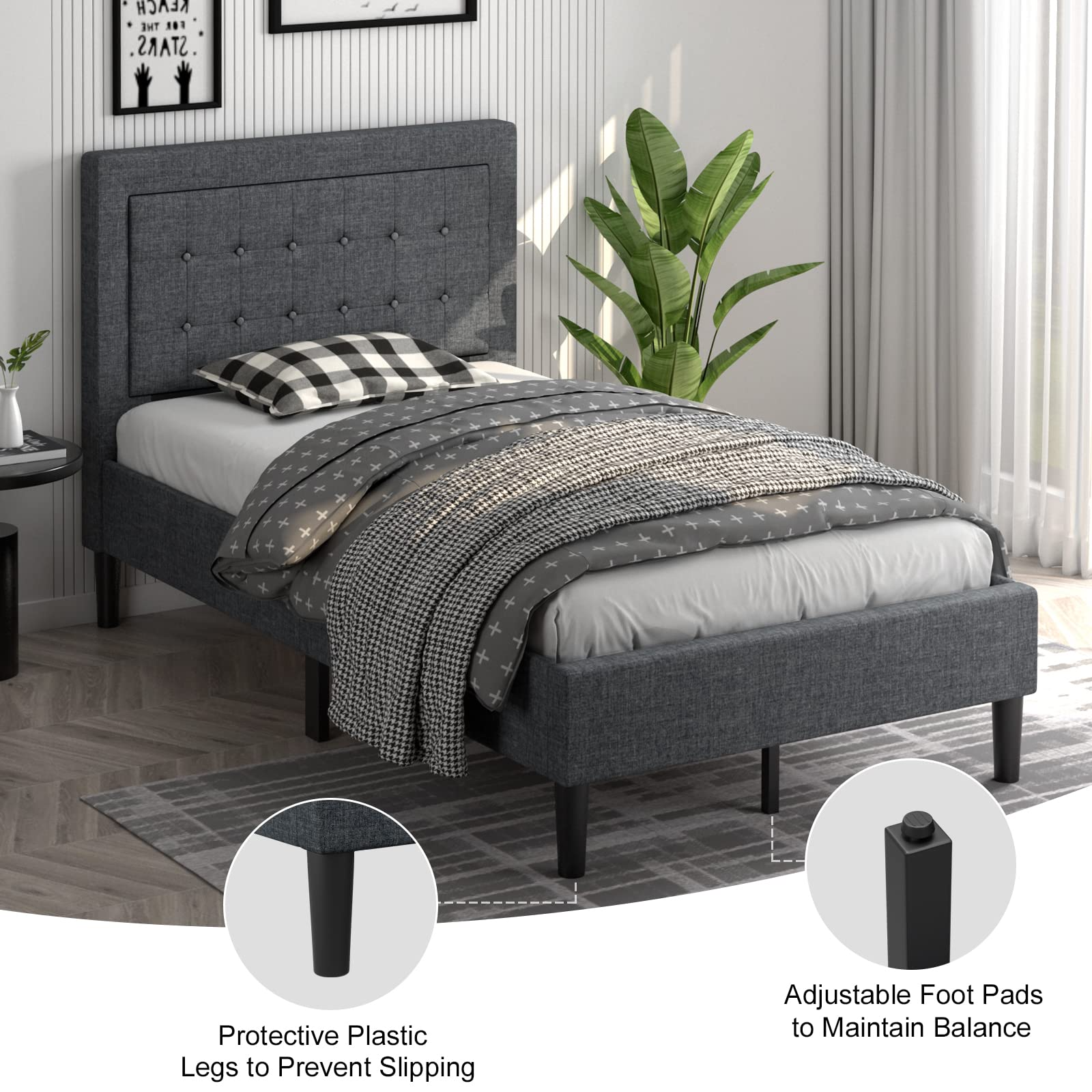 Twin Size Linen Upholstered Platform Bed Frame with Button Tufted Headboard and Wooden Slats
