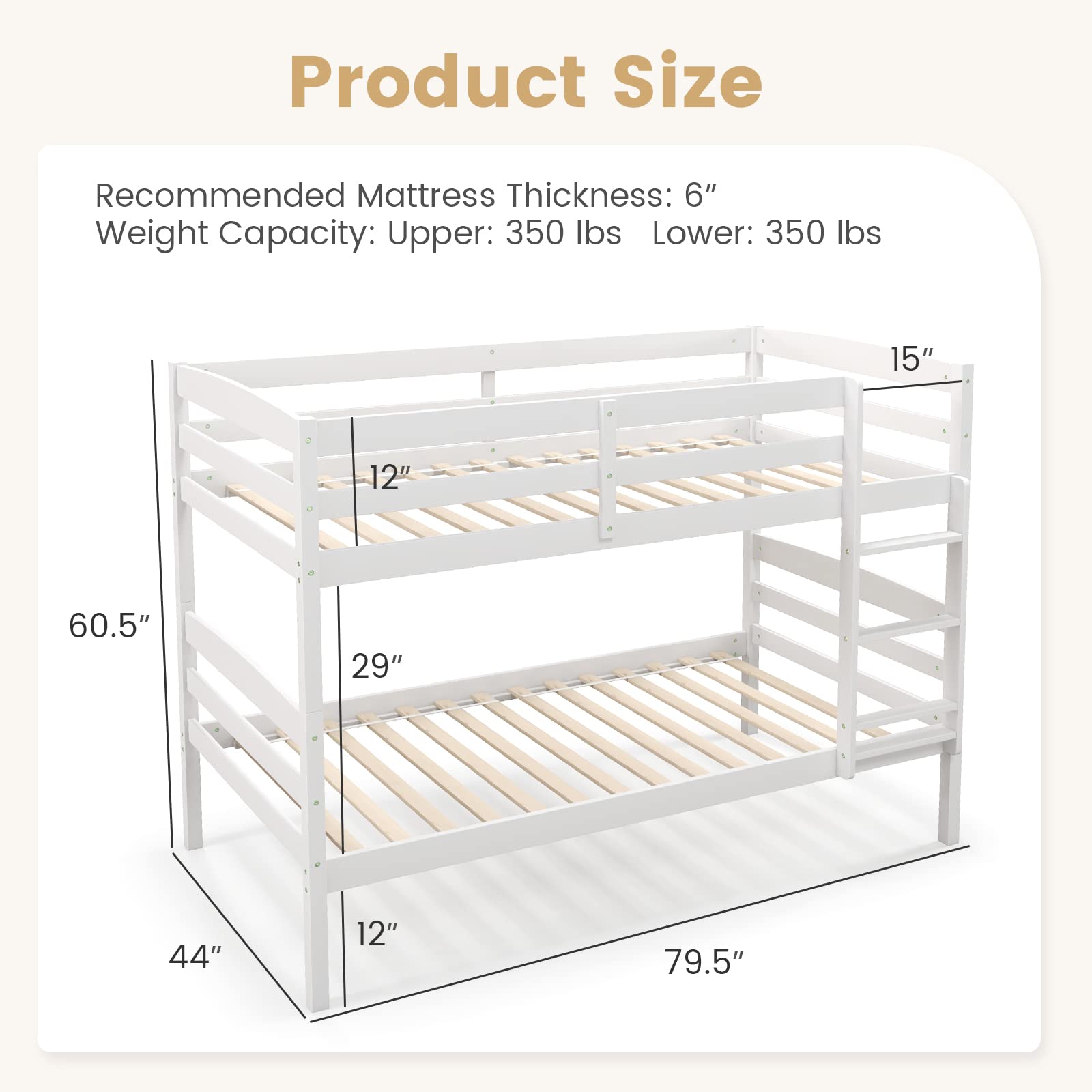 Twin Over Twin Wood Bunk Bed with Full-Length Guardrail & Integrated Ladder