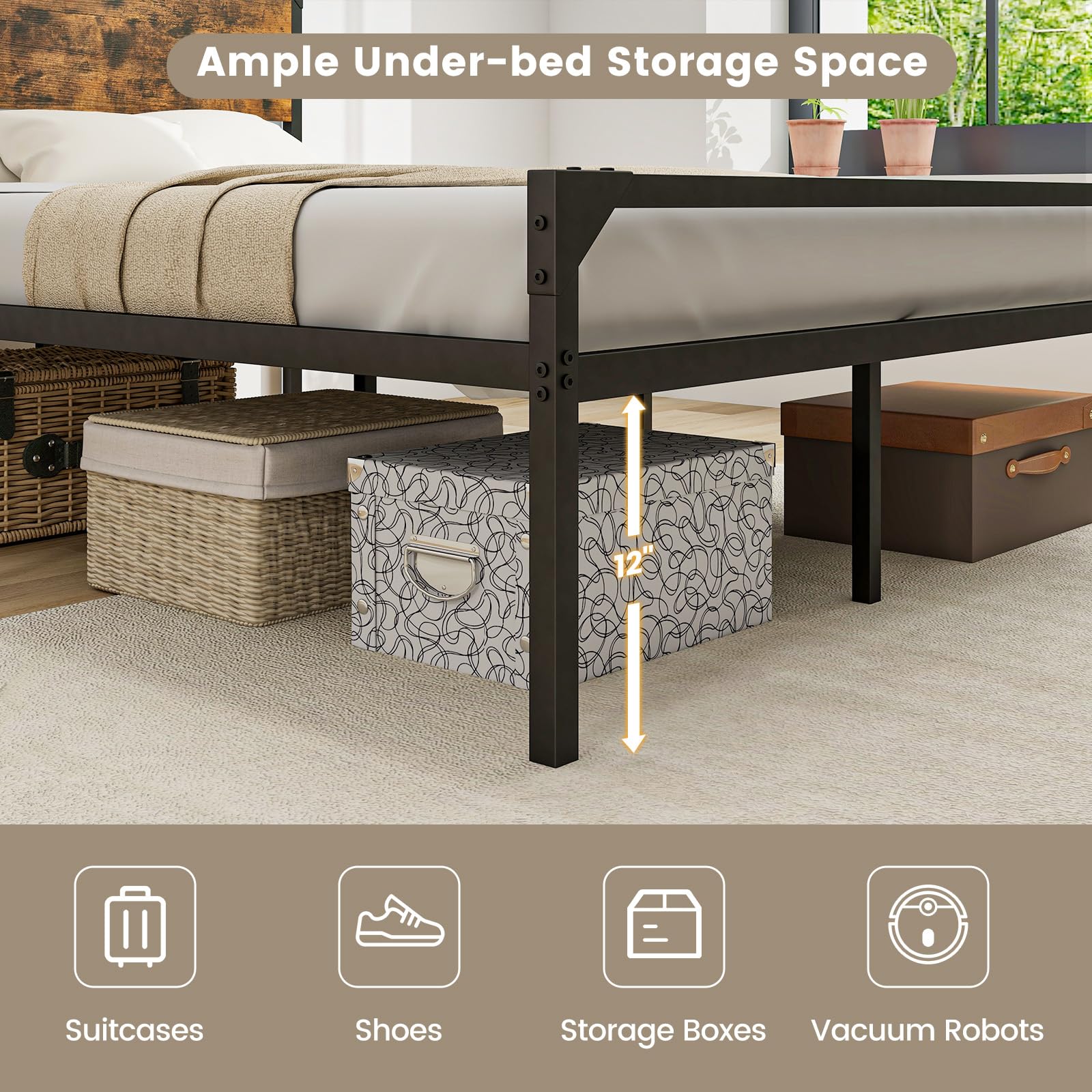 Full/ Queen Size Metal Bed Frame with Wood Headboard