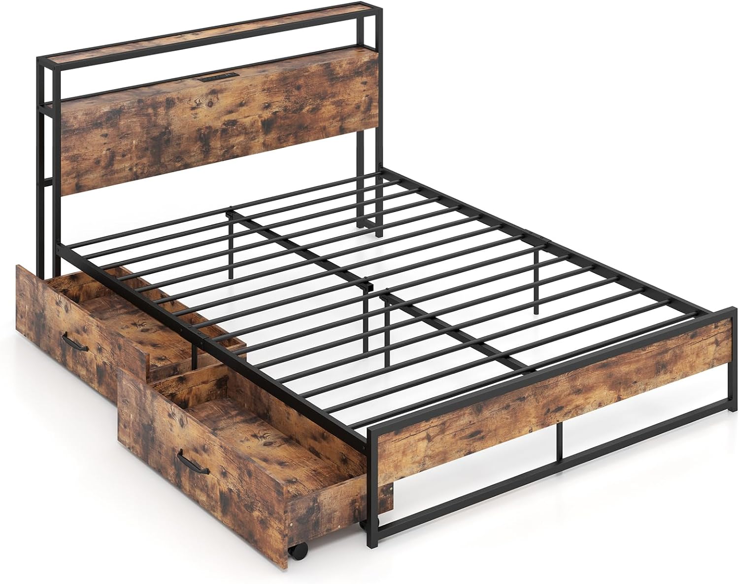 Bed Frame with 2 Storage Drawers and Charging Station, Rustic Metal Slats Support Mattress Foundation