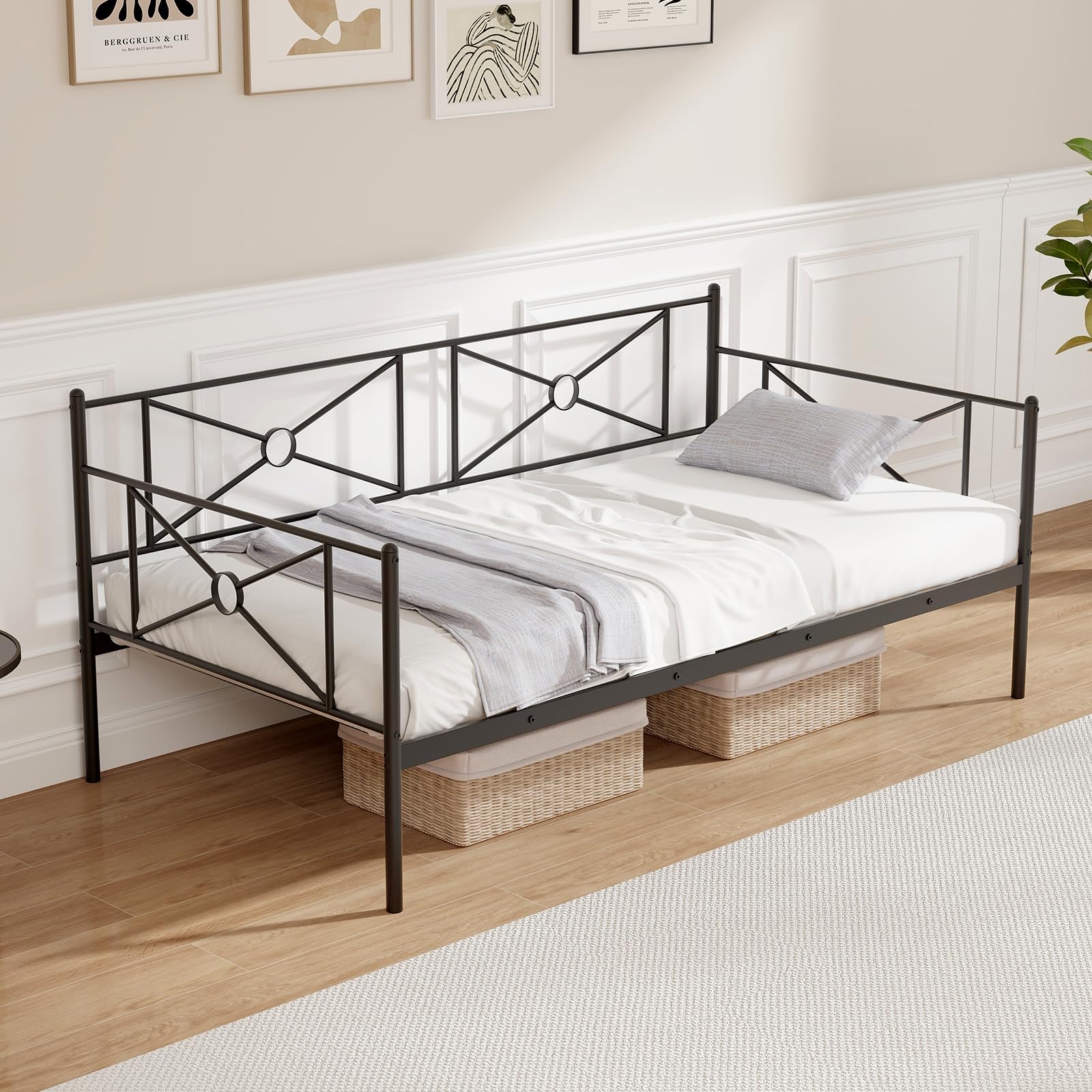 Twin Size Metal Daybed, Multifunctional Sofa Guest Bed with Headboard